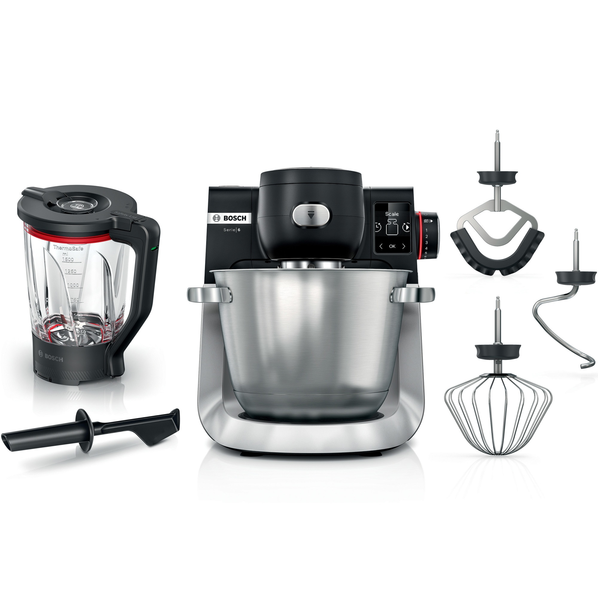Robot de bucatarie cu cantar Bosch MUMS6ZS17, 1600 W, 7 programe automate, Blender ThermoSafeglass cu capacitate de 2.3 l, Bol otel inox 5,5 l, 7 trepte de pute