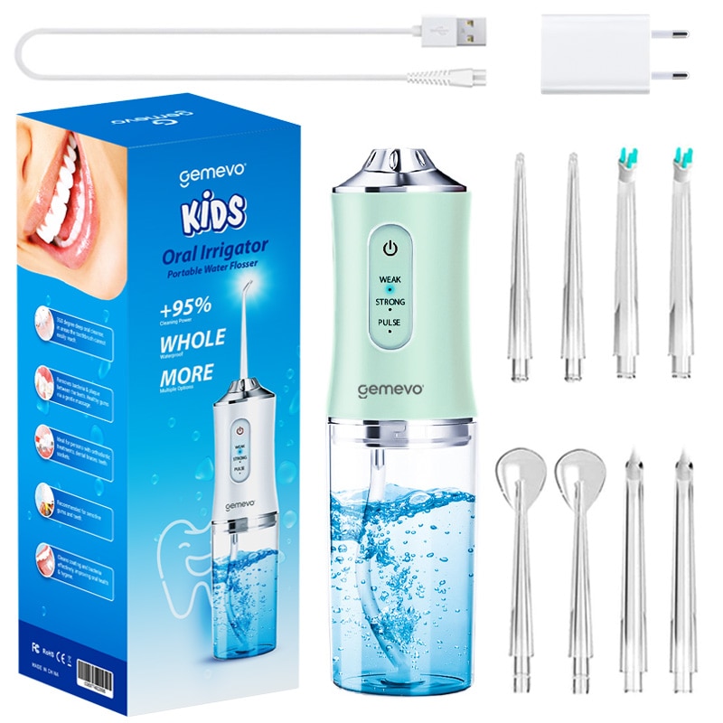 Irigator oral pentru dus bucal, Gemevo® Kids, Ultra-Portabil, 8 Capete Curatare, Rezervor 220 ml, Verde