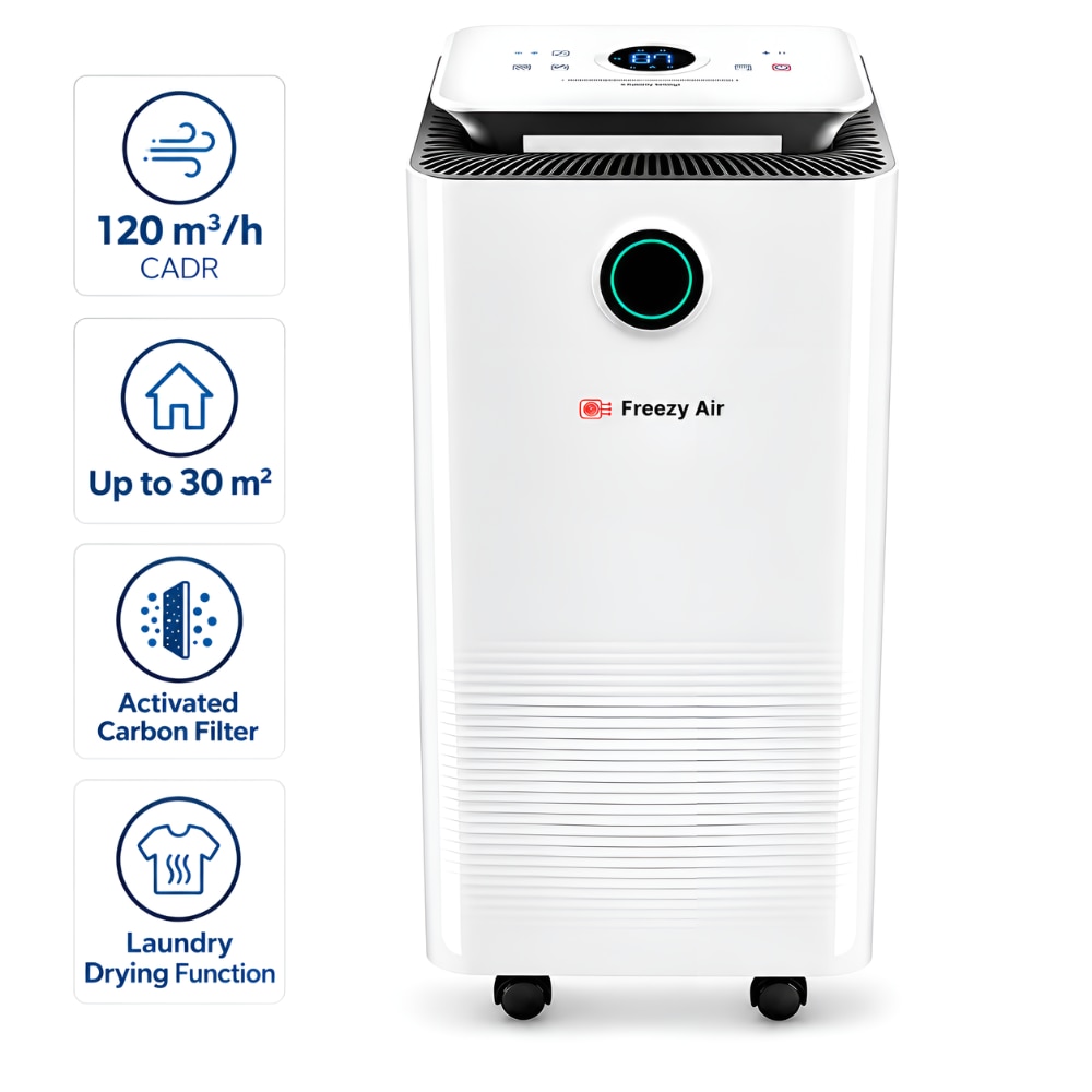 Dezumidificator si purificator aer Freezy Air® Dry Pro 12L, 120 m3, consum redus, 30 m2, functie uscare haine, filtru carbon activ, panou touch, timer, display