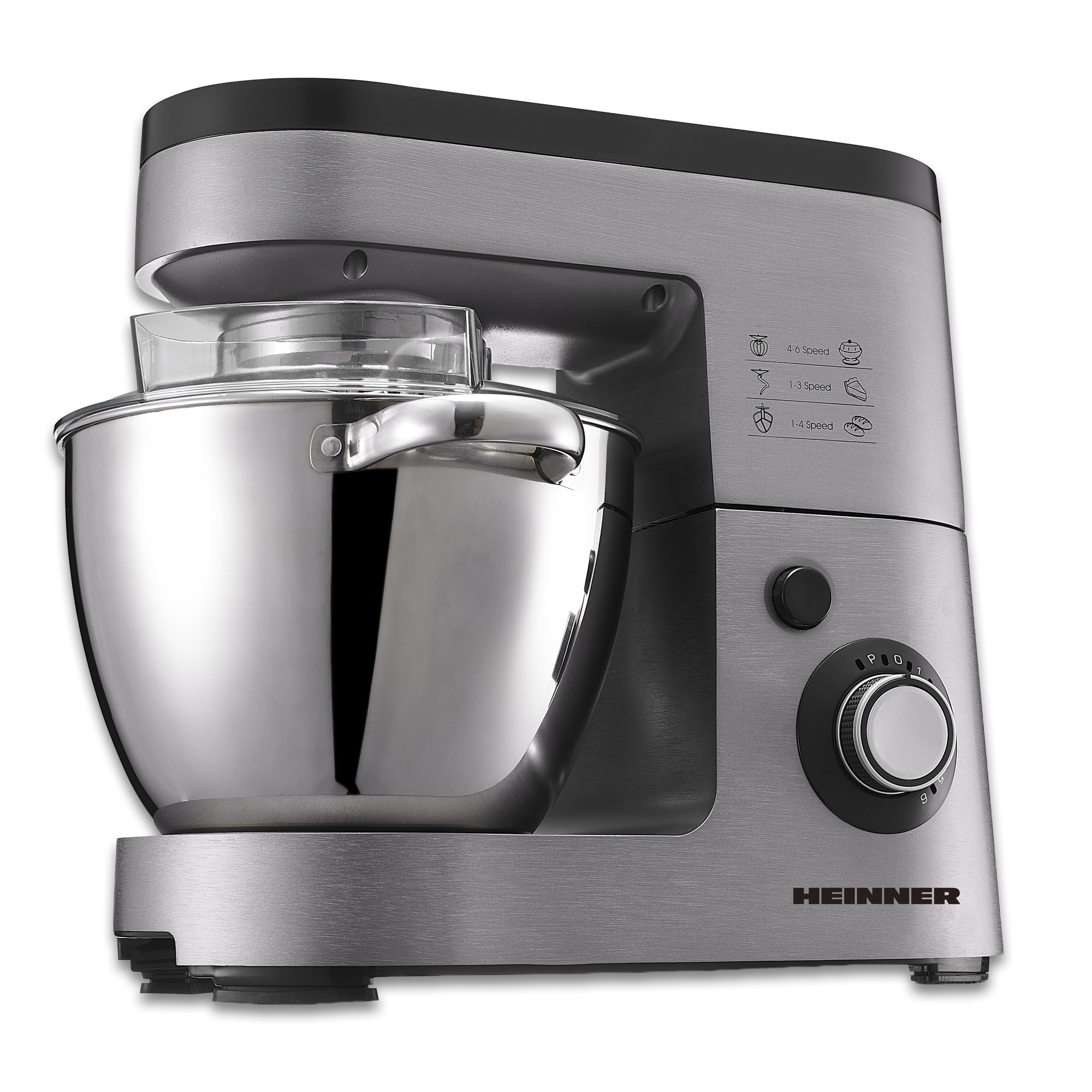 Mixer planetar cu bol Heinner HPM-1500XMC-V2, 1500W, bol inox 5.5L, 6 viteze, corp aluminiu, angrenaje metalice, tel, carlig si paleta, inox