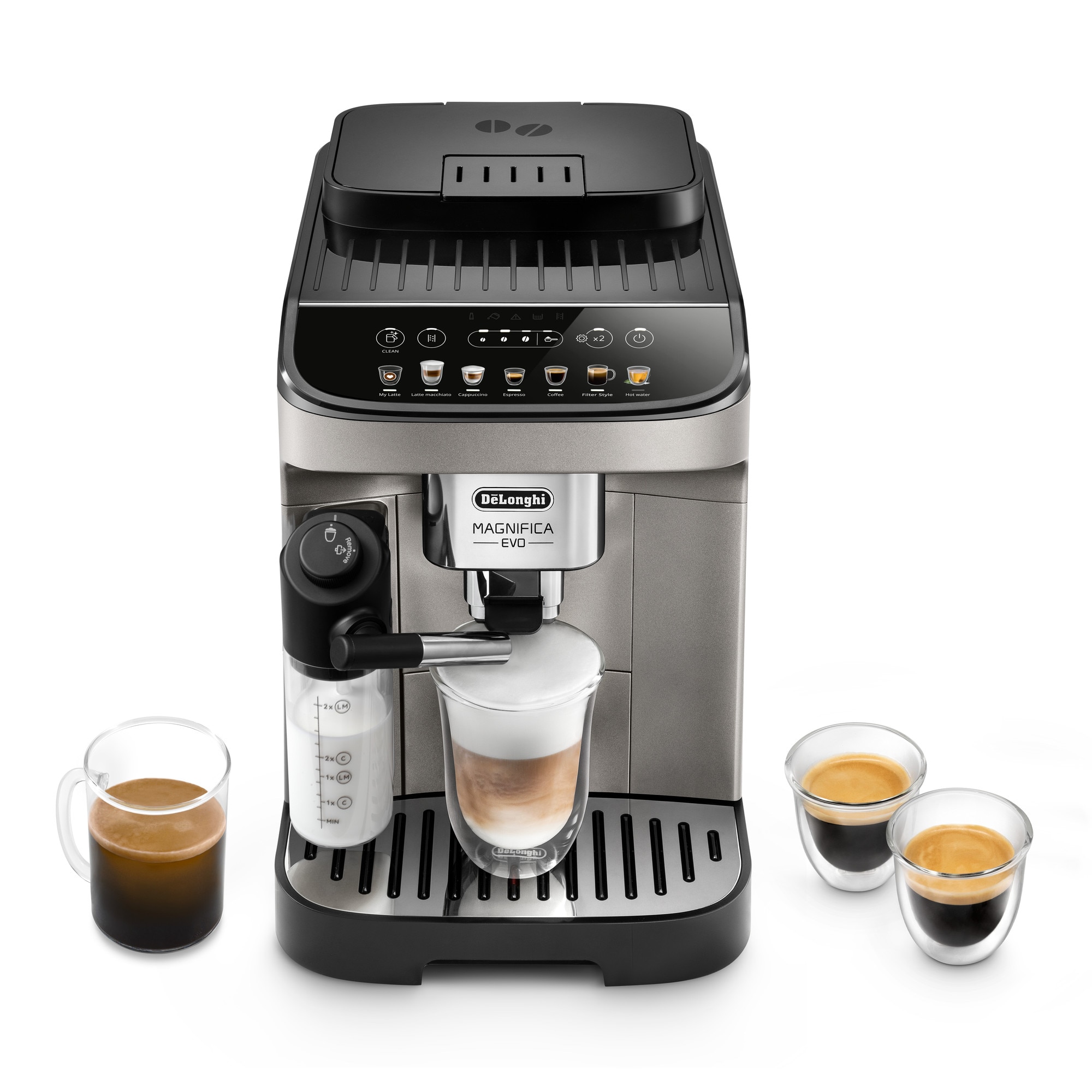 Espressor automat De'Longhi Magnifica Evo ECAM 290.81.TB, 1450W, 8 tipuri de bauturi, 15 bari, Carafa pentru lapte, Sistem LatteCrema, Rasnita cu 13 setari, Neg