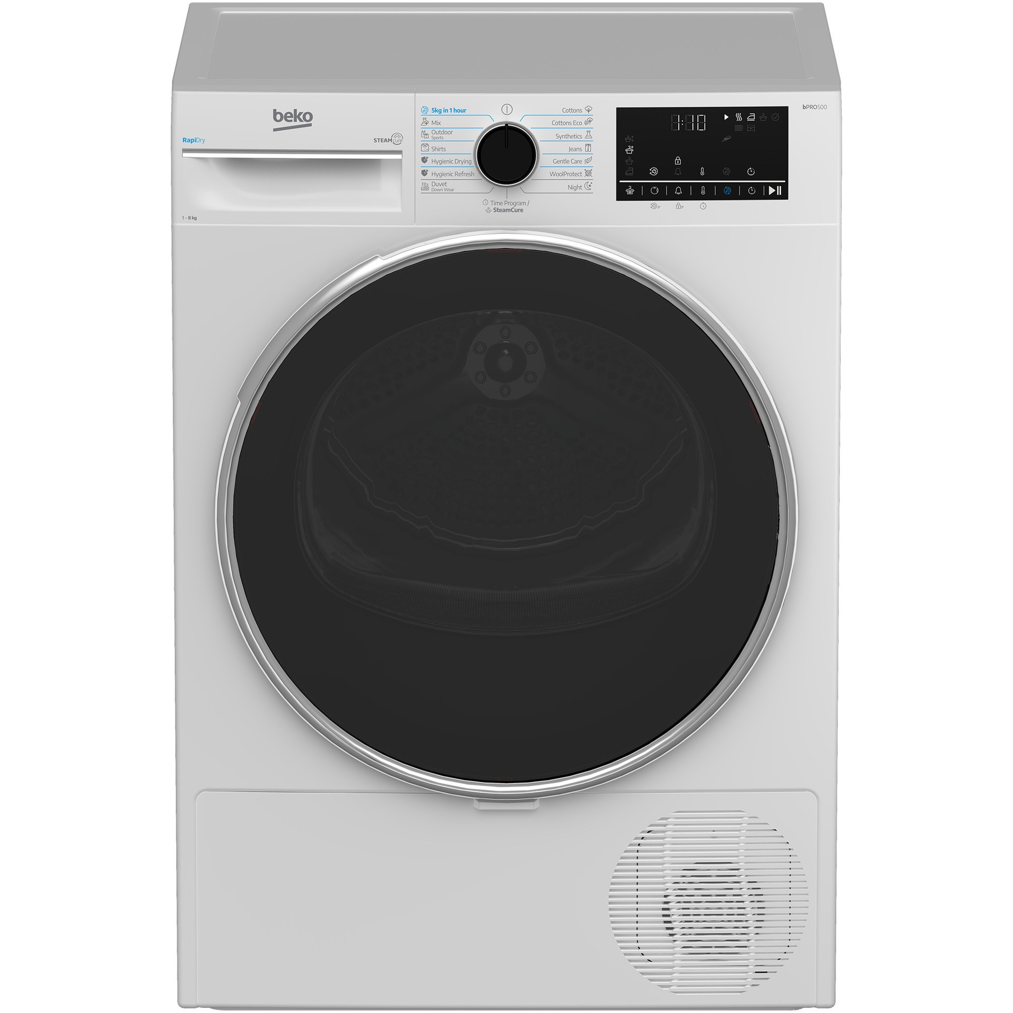 Uscator de rufe Beko B5T68247, Pompa de caldura, 8 kg, 15 programe, Clasa C, RapiDry, RecycledDry, SteamCure, Motor ProSmart Inverter, AquaWave, OptiSense, Gent