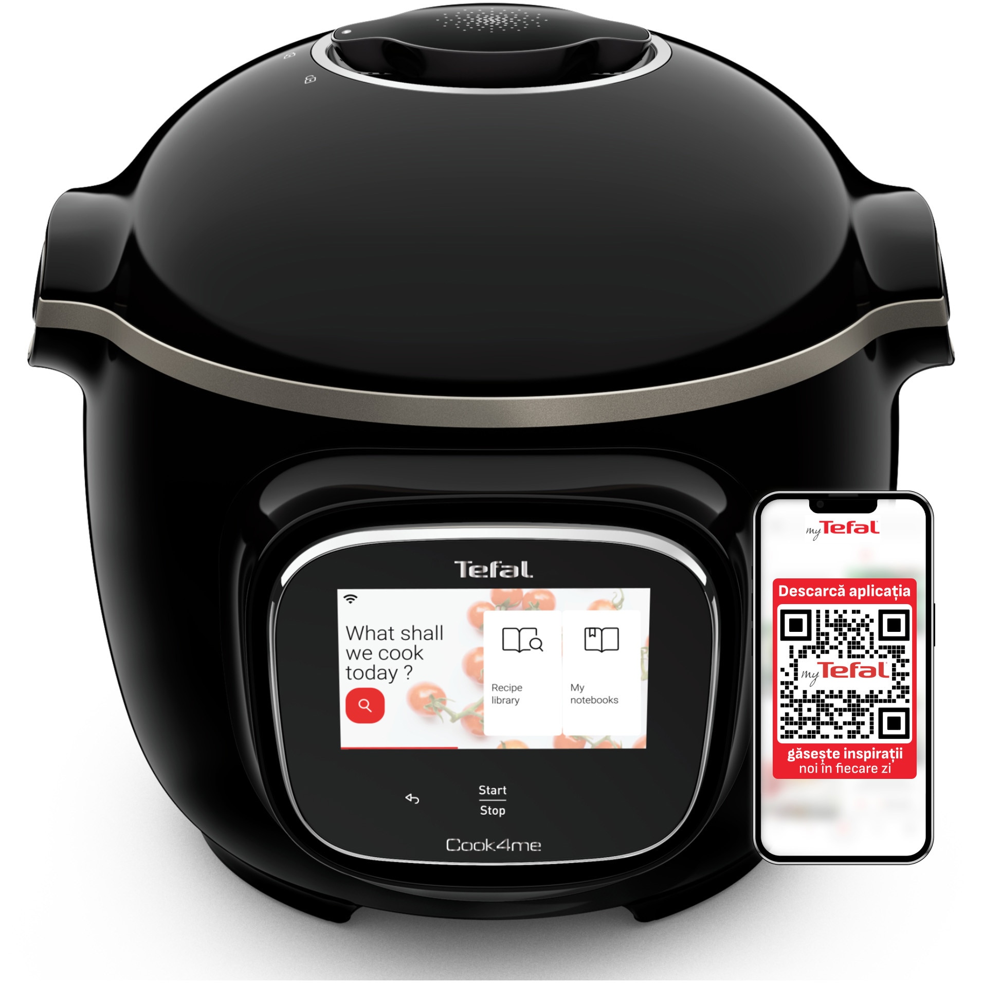 Multicooker inteligent cu gatire sub presiune Tefal Cook4me Touch CY912831, 1600W, capacitate vas antiaderent 6L, 13 programe de gatire, Wi-Fi, ecran tactil LCD