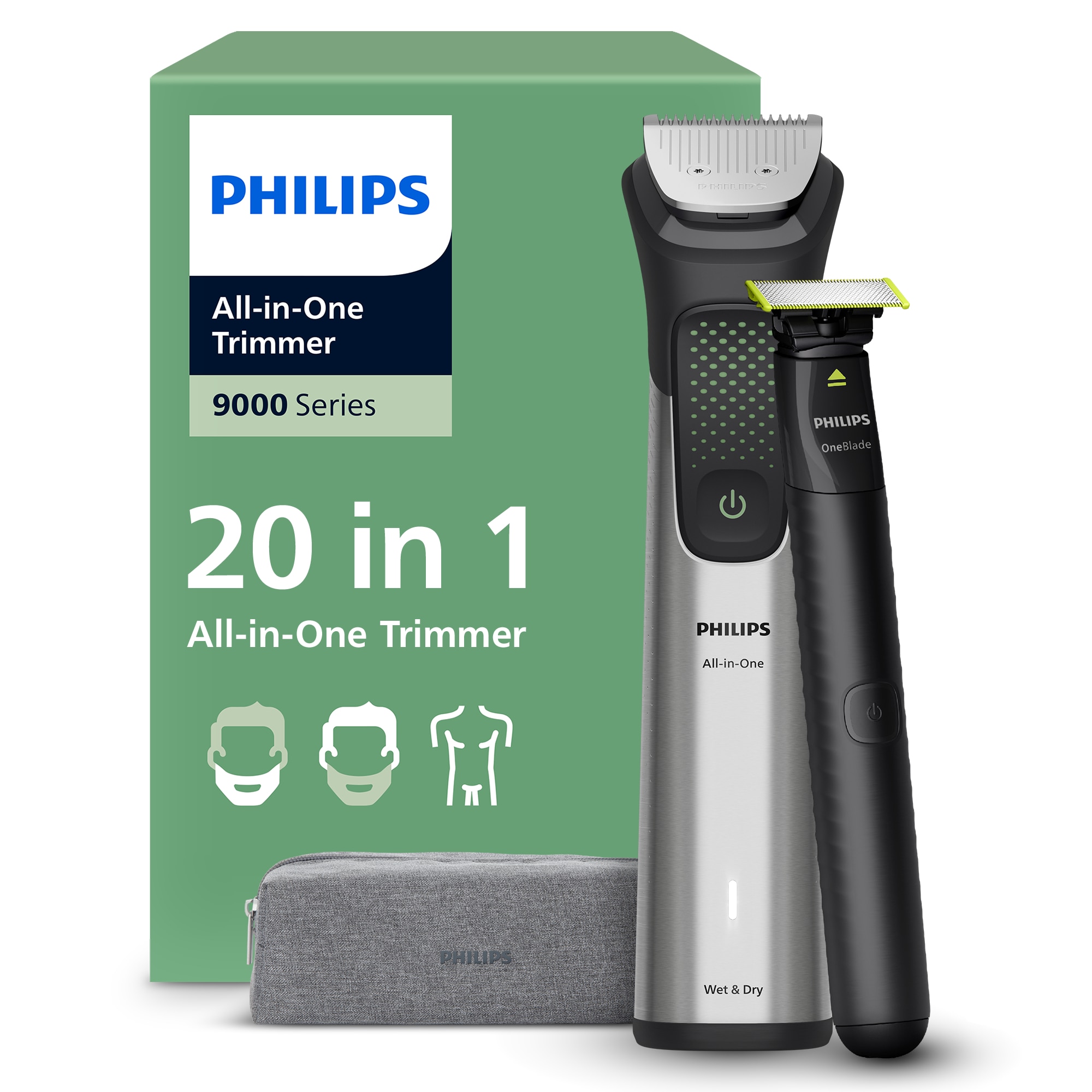 Aparat de tuns barba & parul de pe cap si corp 20in1 PHILIPS All-in-One MG9557/15 +OneBlade, autonomie 120 min, 27 setari lungime: 0,2 mm OneBlade& 0,5-20 mm Al