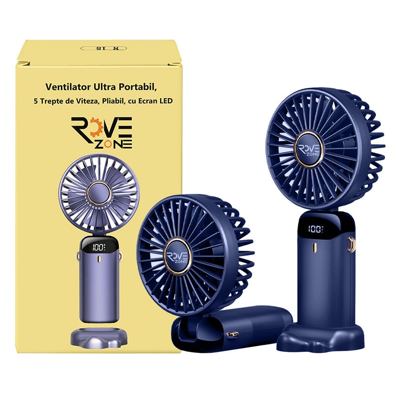 Ventilator Ultra Portabil, 3 in 1, De Mana, De Birou, De Gat, 5 Trepte de Viteza, Pliabil, cu Ecran LCD, Albastru