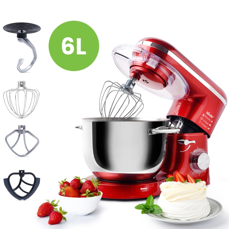 Mixer cu bol de 6L din inox, Biovita MB-1500PRO, 2 kg aluat, putere 1500W, 4 accesorii, 6 viteze + puls, Rosu