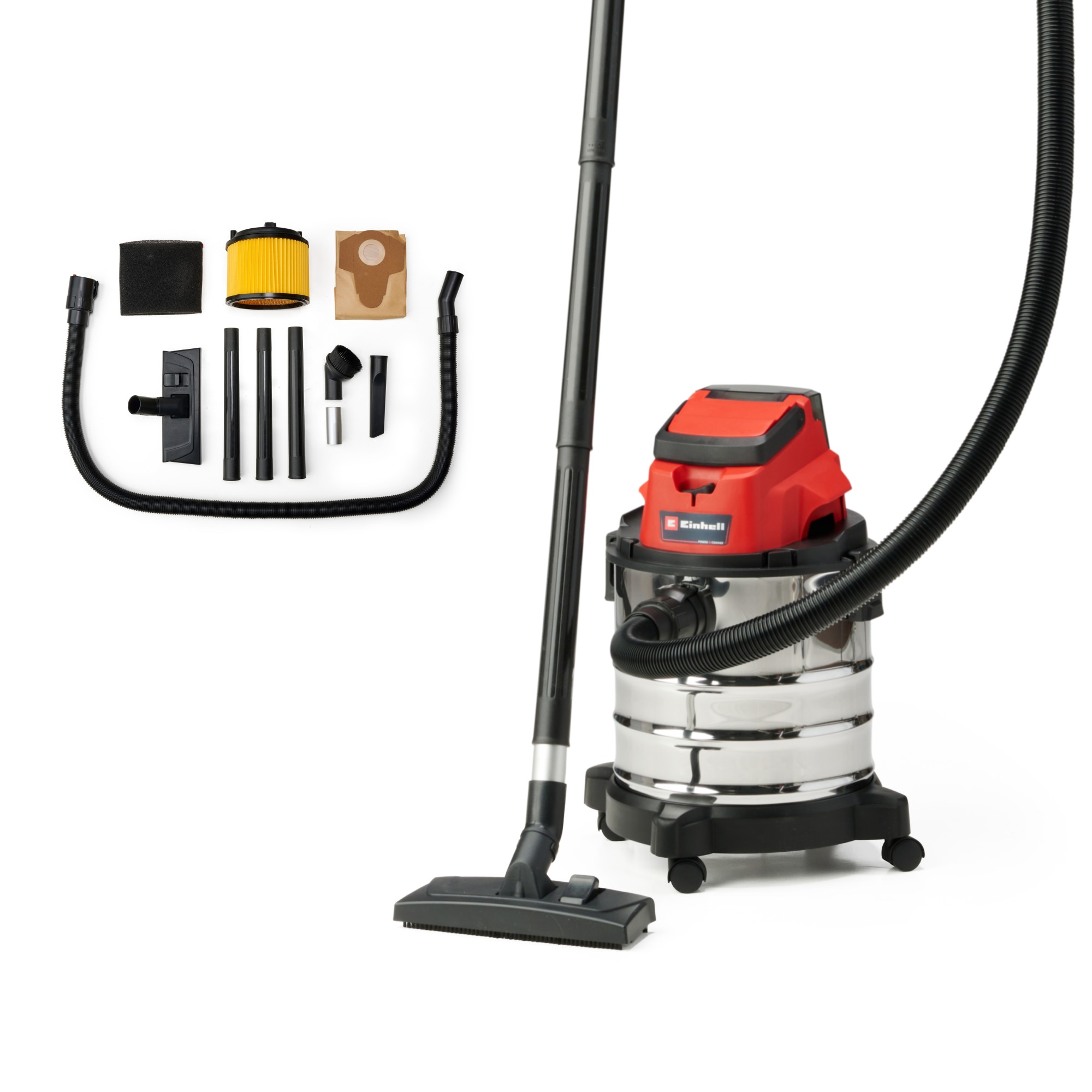 Aspirator umed/uscat Einhell Power X-Change TC-VC 18/20 Li S - Solo, 18 V, vas inox 20 L, 8 Kpa, furtun 1.5 m, accesorii incluse, fara acumulator/incarcator