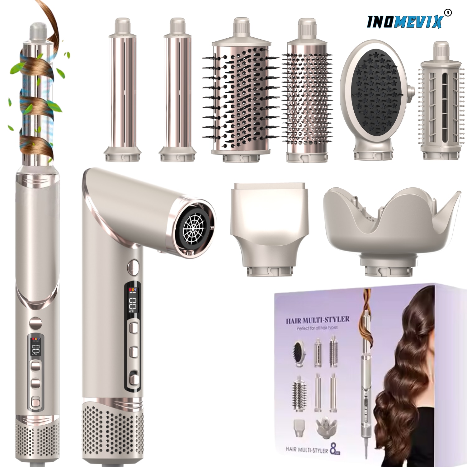 Perie electrica, Set coafare 8 in 1 INOMEVIX®, 1400W, 3 Viteze si 3 Trepte temperatura, Functie de aer rece instant, 200 Milioane Ioni Negativi, Uscator de par
