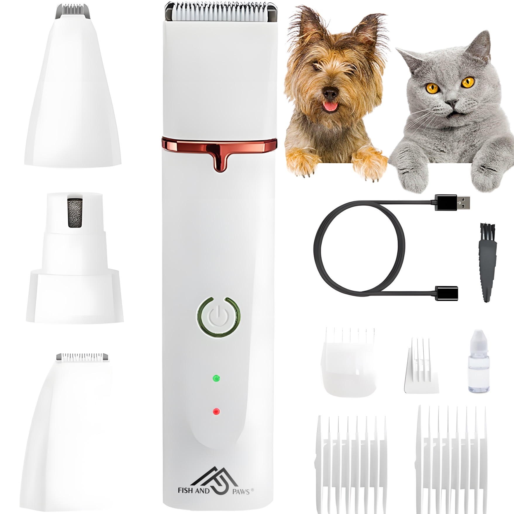 Trimmer profesional de tuns animale, caini, pisici, Fish & Paws ®, silentioasa, cu 4 functii, 3 capete pentru locurile greu accesibile, urechi, labute, si un ca
