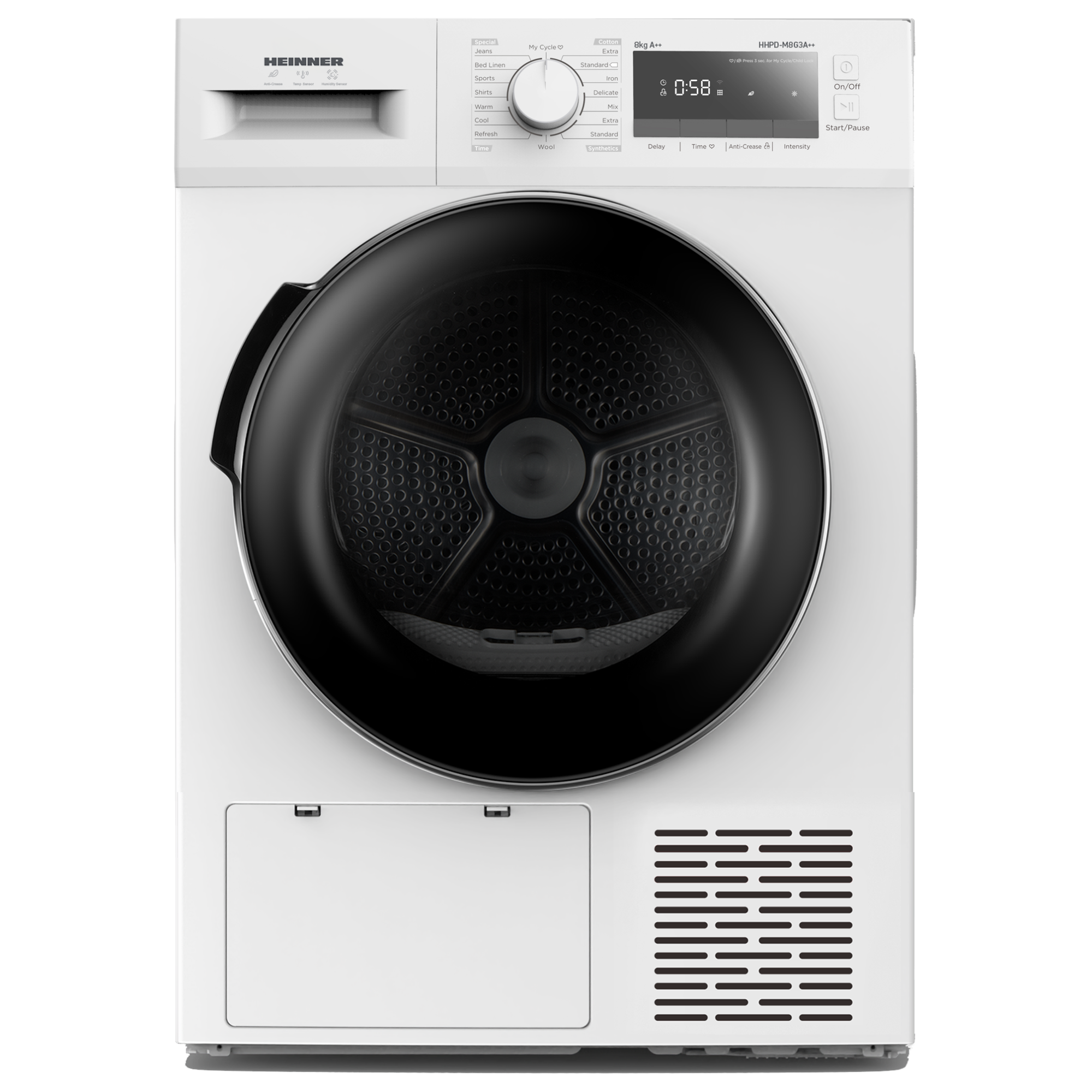 Uscator de rufe Heinner HHPD-M8G3A++, Pompa de caldura, 8 kg, 14 programe, Clasa E, Display LED, Iluminare cuva, Blocare acces copii, Alb