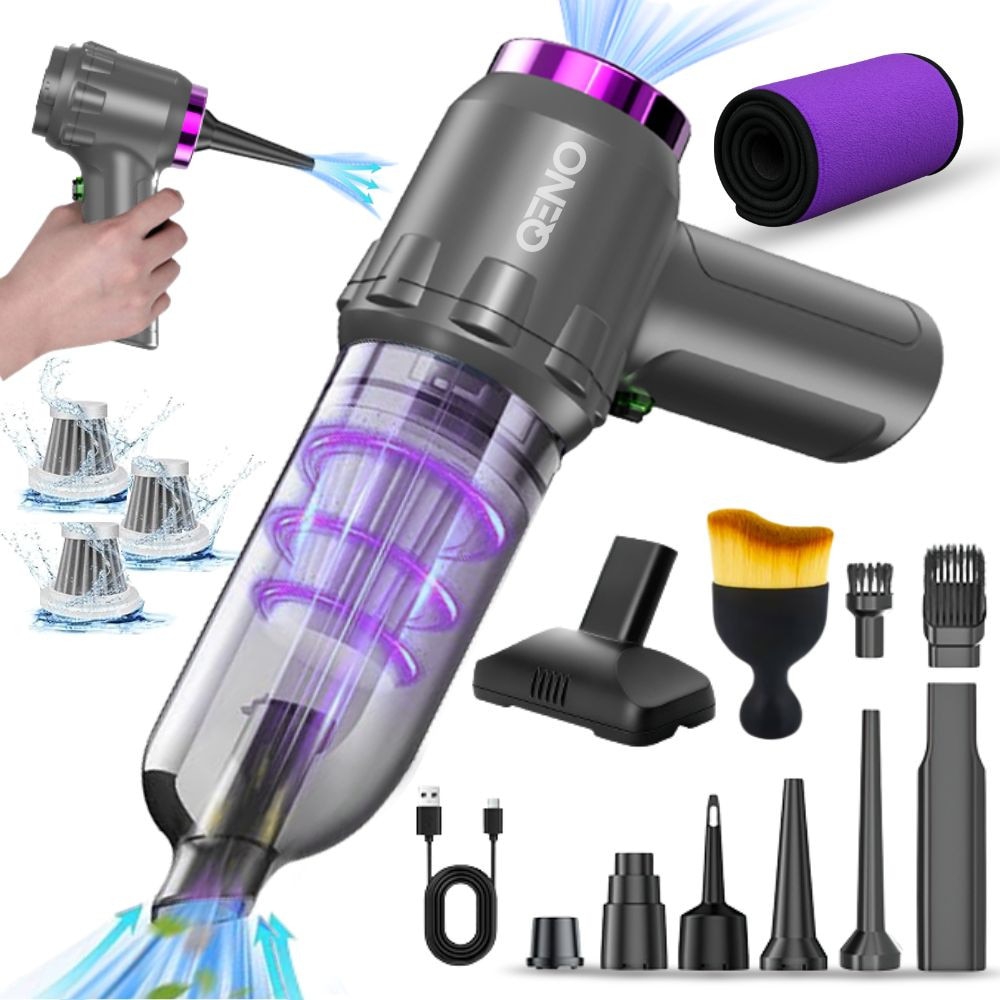 Aspirator Auto Portabil Fara Fir 3in1, Qeno® PureFusion 120W, Baterie 2x2600mAh, 3 Functii Top Aspirare/Suflare/Pompare+Vidare, 2x Trepte Viteza, Cu 12 Accesori