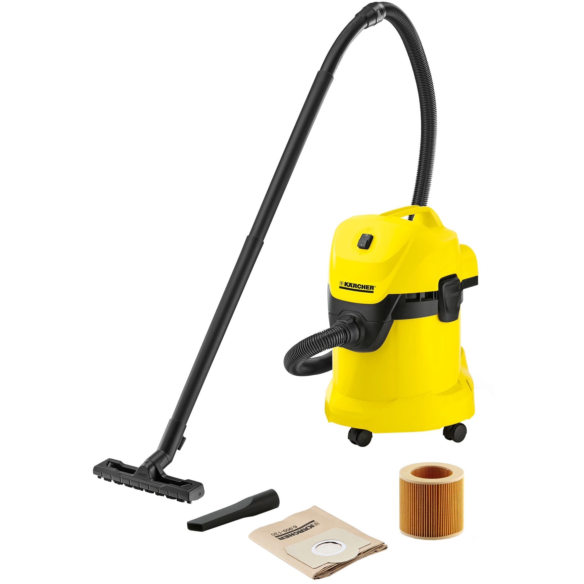 Aspirator multifunctional Karcher WD 3, Aspirare umeda si uscata, 17 l, Furtun 2 m, 1000 W, Sac filtru din hartie, Functie de suflare, Galben/Negru