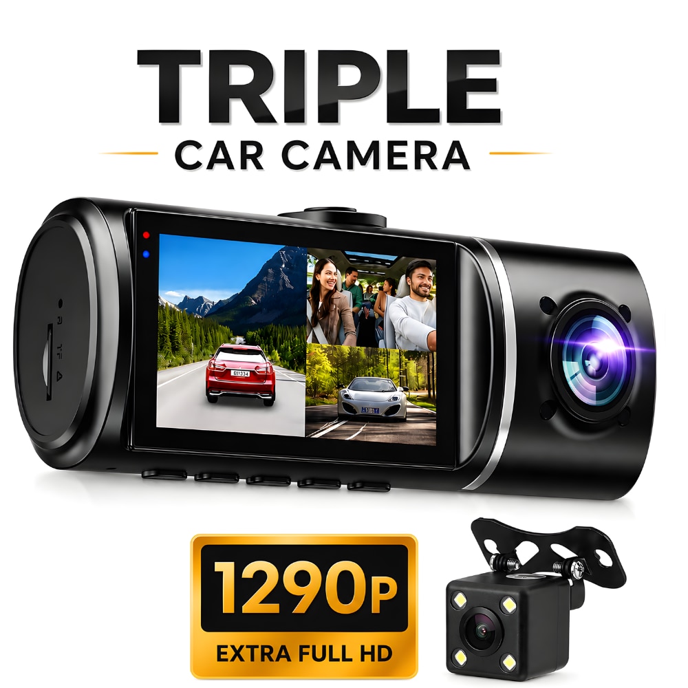 Camera Auto Video Tripla De Bord DVR Loosafe® Road Team Pro, Extra Full HD 1290p, Inregistrare Bucla, HDR, Vedere Noaptea, Inregistrare Interior, Camera Marsari