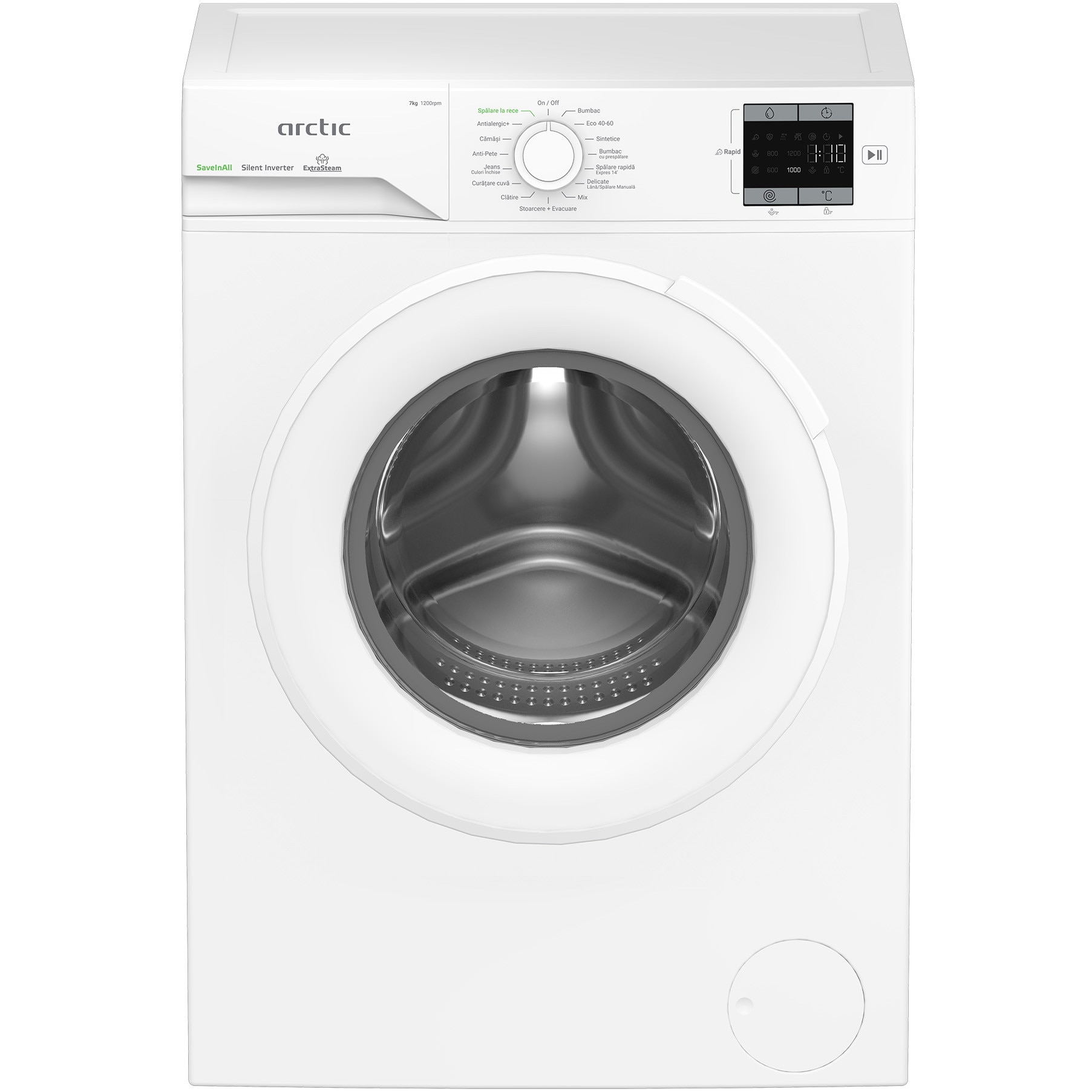 Masina de spalat rufe Arctic APLM1WFSU17210W, 7 Kg, 1200 RPM, Clasa energetica A, Motor Silent Inverter, ExtraSteam, IronExpress, Recycled Tub, Fast/Intensive,