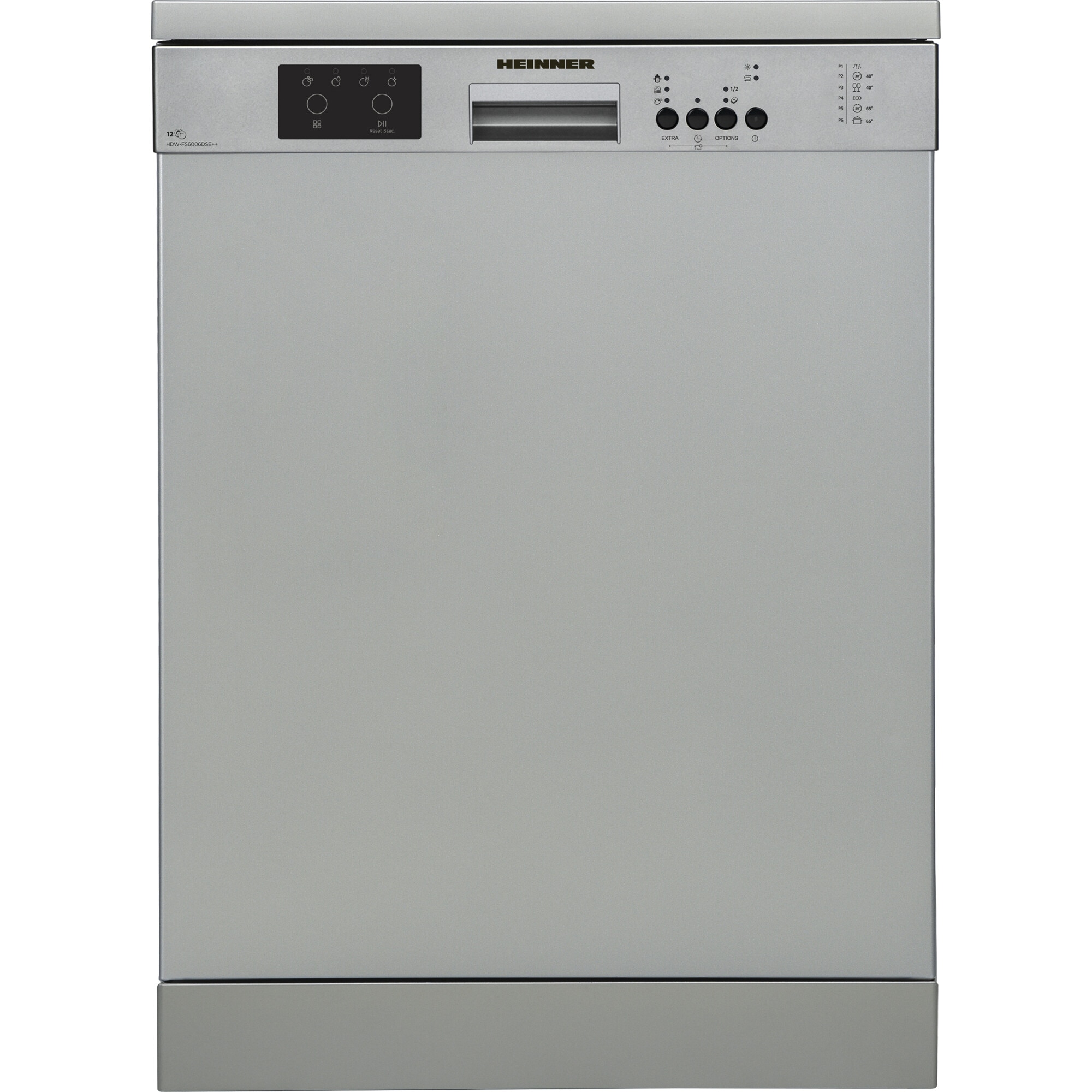 Masina de spalat vase Heinner HDW-FS6006DSE++ , 12 Seturi, 6 programe, Clasa E, Half load, Aquastop, 60 cm, Argintiu