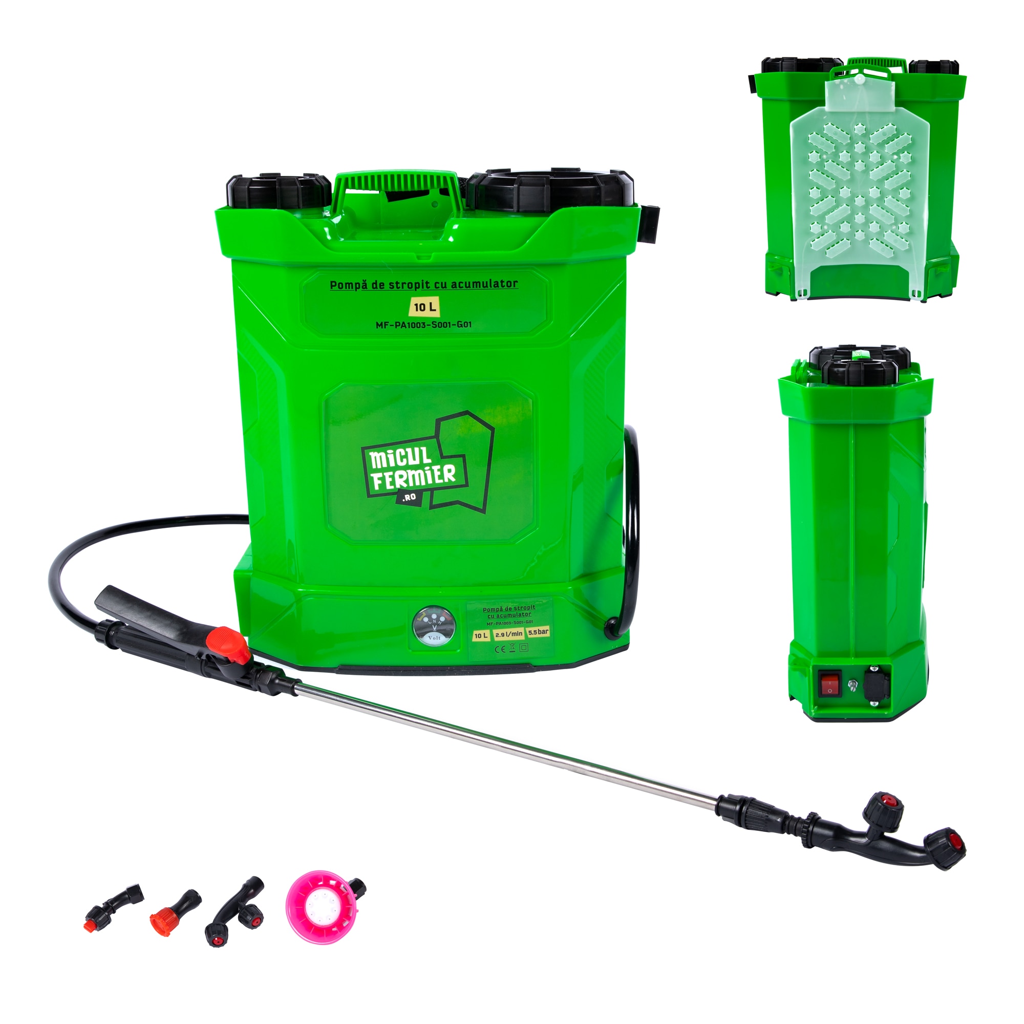 Pompa de stropit cu presiune pe acumulator Micul Fermier MF-PA1003-S001-G01, 12 V 8.0 Ah, rezervor tip rucsac 10 L, debit 2.9 l/min, presiune maxim 5.5 bar, lan