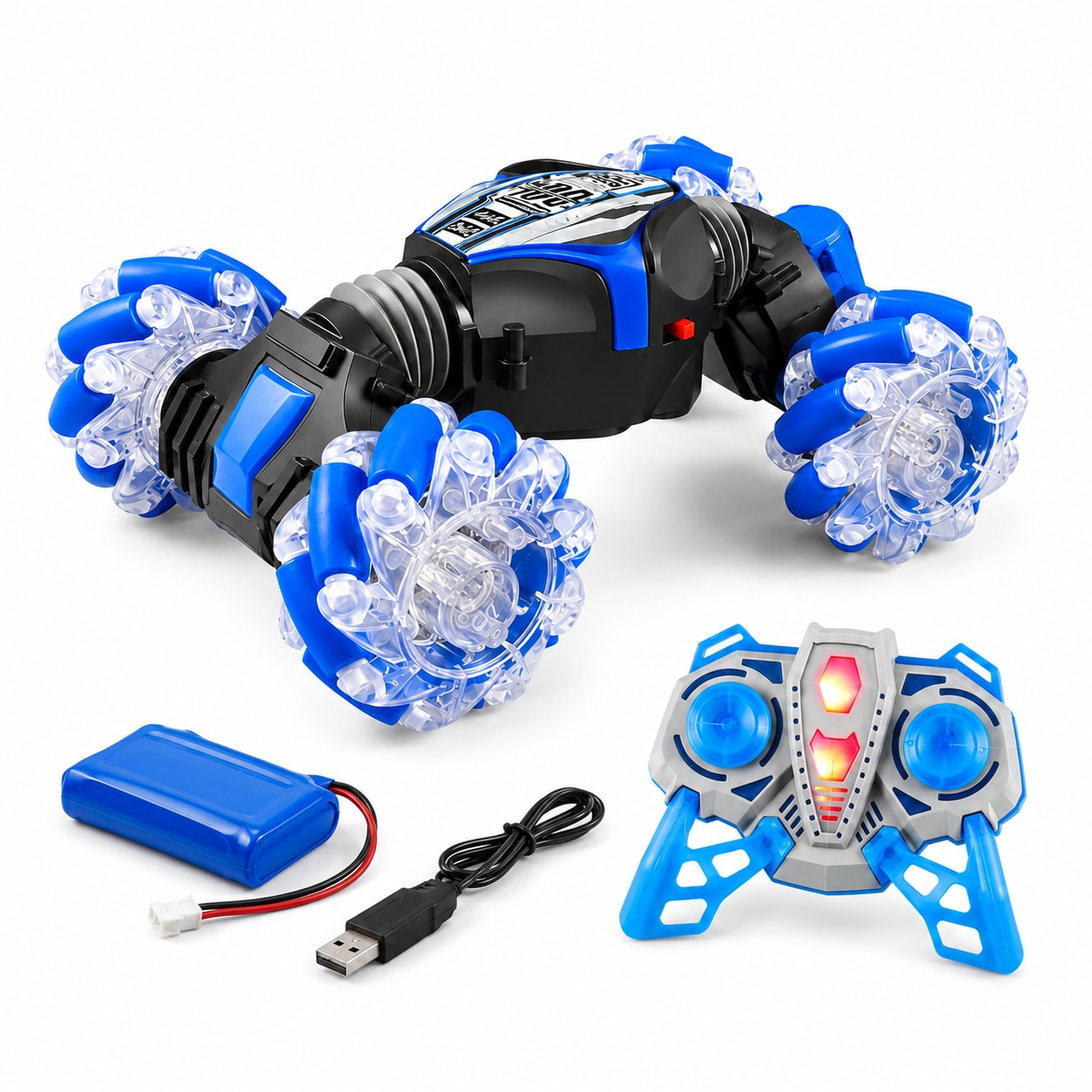 Masinuta RC Copii Cu Telecomanda 2.4GHz Albastra, Roti Mecanum Luminoase, Rotire 360 Grade, Drift Lateral, 4 Roti Motrice, Functie Spray, Lumini LED Si Muzica,