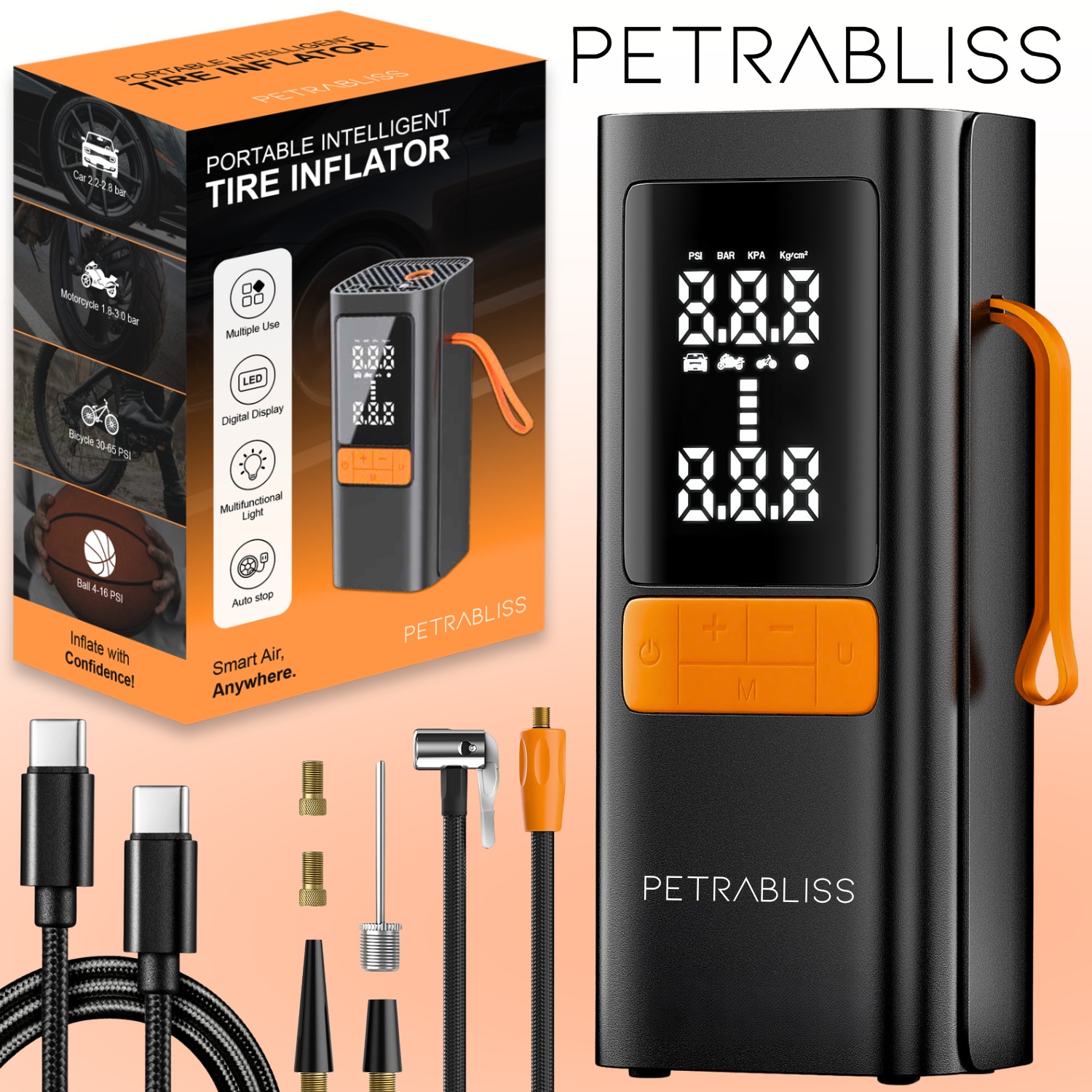 Compresor Auto Portabil PetraBliss, 4in1, Baterie Portabila Auto 12V, Compresor Anvelope 150PSI cu Manometru, Baterie Externa 6000mAh, Lanterna LED, Reincarcabi