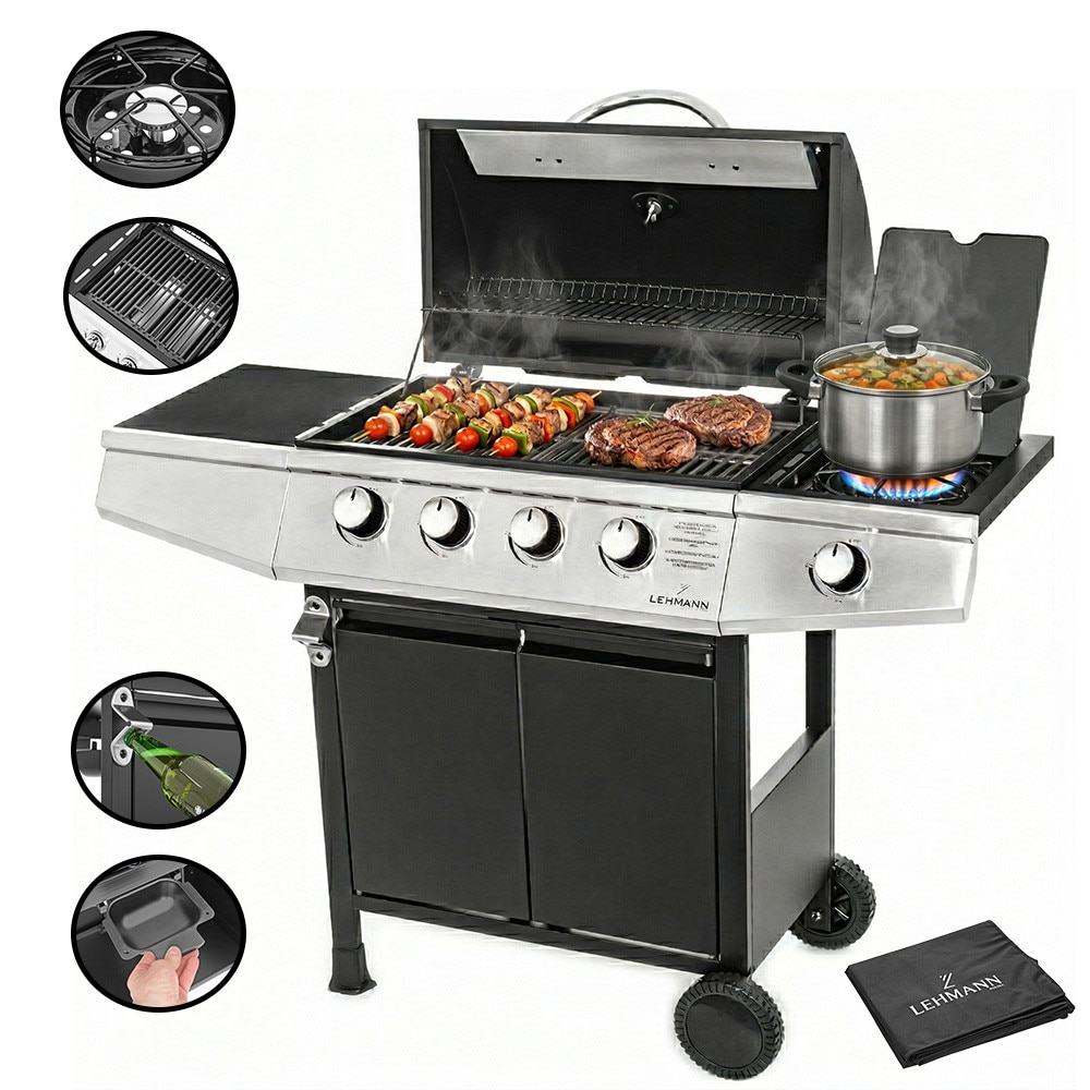 Gratar pe gaz cu 4+1 arzatoare, Lehmann Ohio, termometru incorporat, suprafata de gratar 33x66cm, husa gratar, furtun si regulator incluse, 128x50x102cm, fonta,