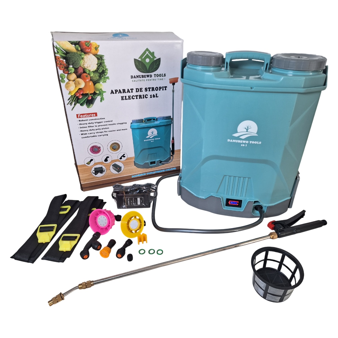 Pompa stropit electrica Danubewd Tools®, 16 Litri, regulator presiune, tija inox 100 cm, vermorel cu acumulator, 5 + 1 duze, spatiu depozitare duze