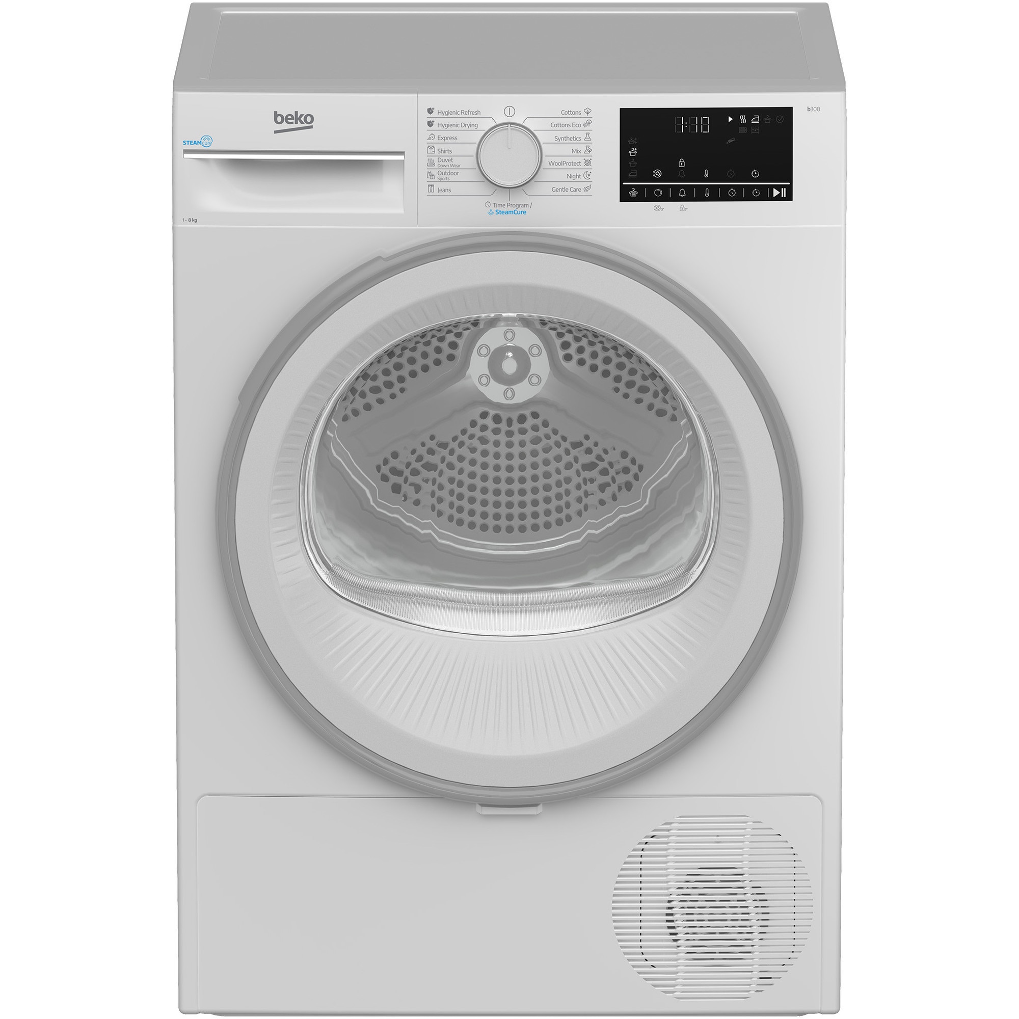 Uscator de rufe Beko B3T42242, Pompa de caldura, 8 kg, 15 programe, Clasa C, RecycledDry, Motor ProSmart™ Inverter, OptiSense, Aquawave®, Alb