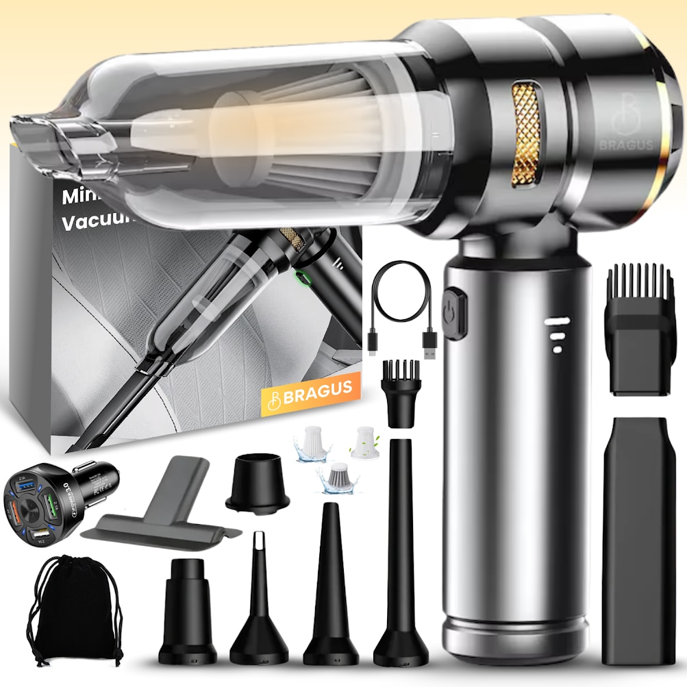 Aspirator Auto 4 in 1 Portabil, BRAGUS, 16000 PA, Baterie 6000mAh, 100W, 90000RPM, Autonomie 30min, Motor Brushless, Aspirare, Suflare, Vacuum, 3 Viteze, 9 Acce