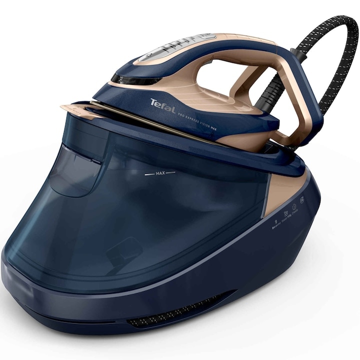 Statie de calcat cu boiler de inalta presiune Tefal Pro Express Vision Max GV9910E0, 3000W, 9 bari, jet de abur 820 g/min, abur variabil 0–215 g/min, abur verti