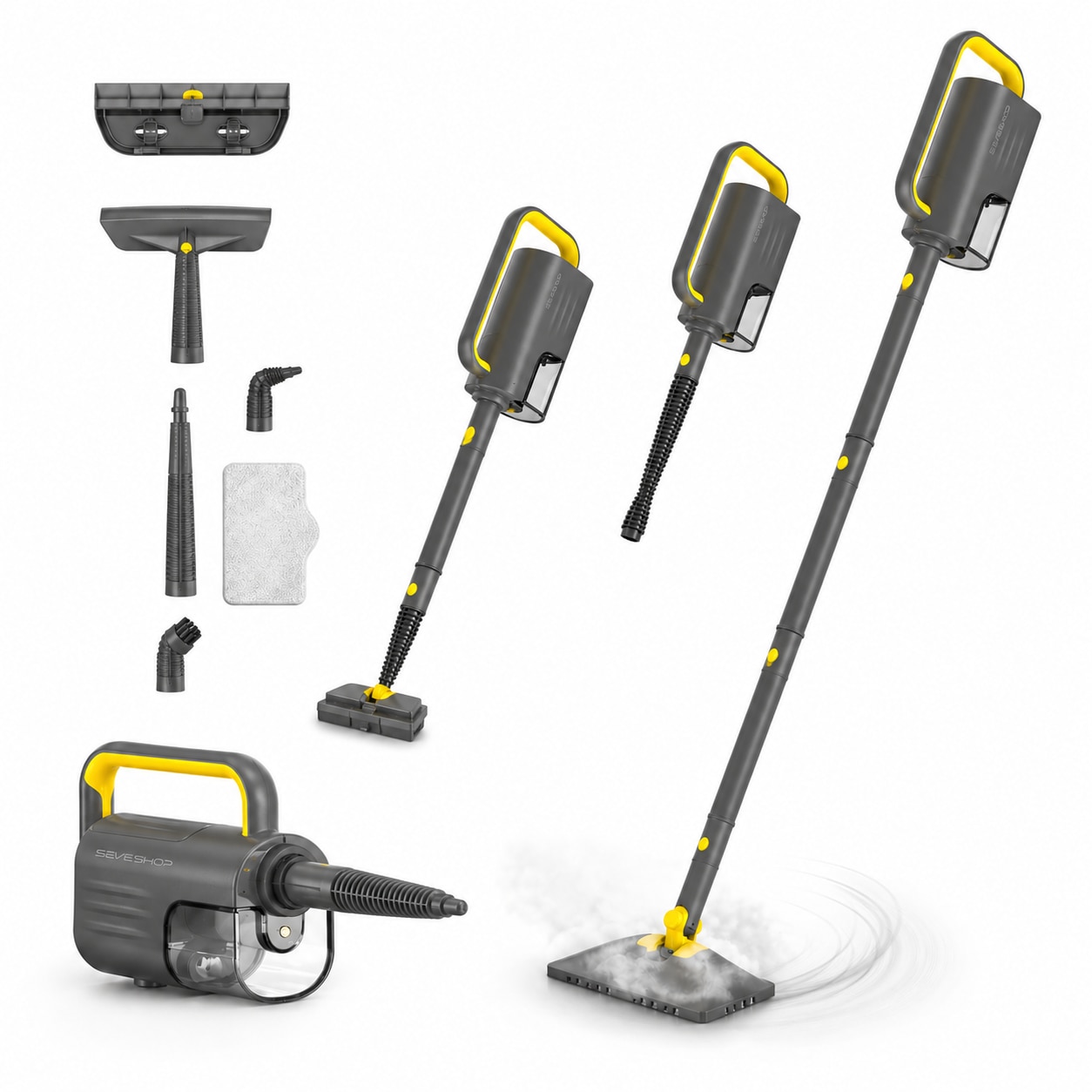 Aparat Curatat Aburi SeveShop® SC-06 1200W, Mop Cu Aburi Portabil 7 m Cablu, Incalzire Rapida 15s, Mop Electric Multifunctional 400ml, Abur, Curatare Fara Deter