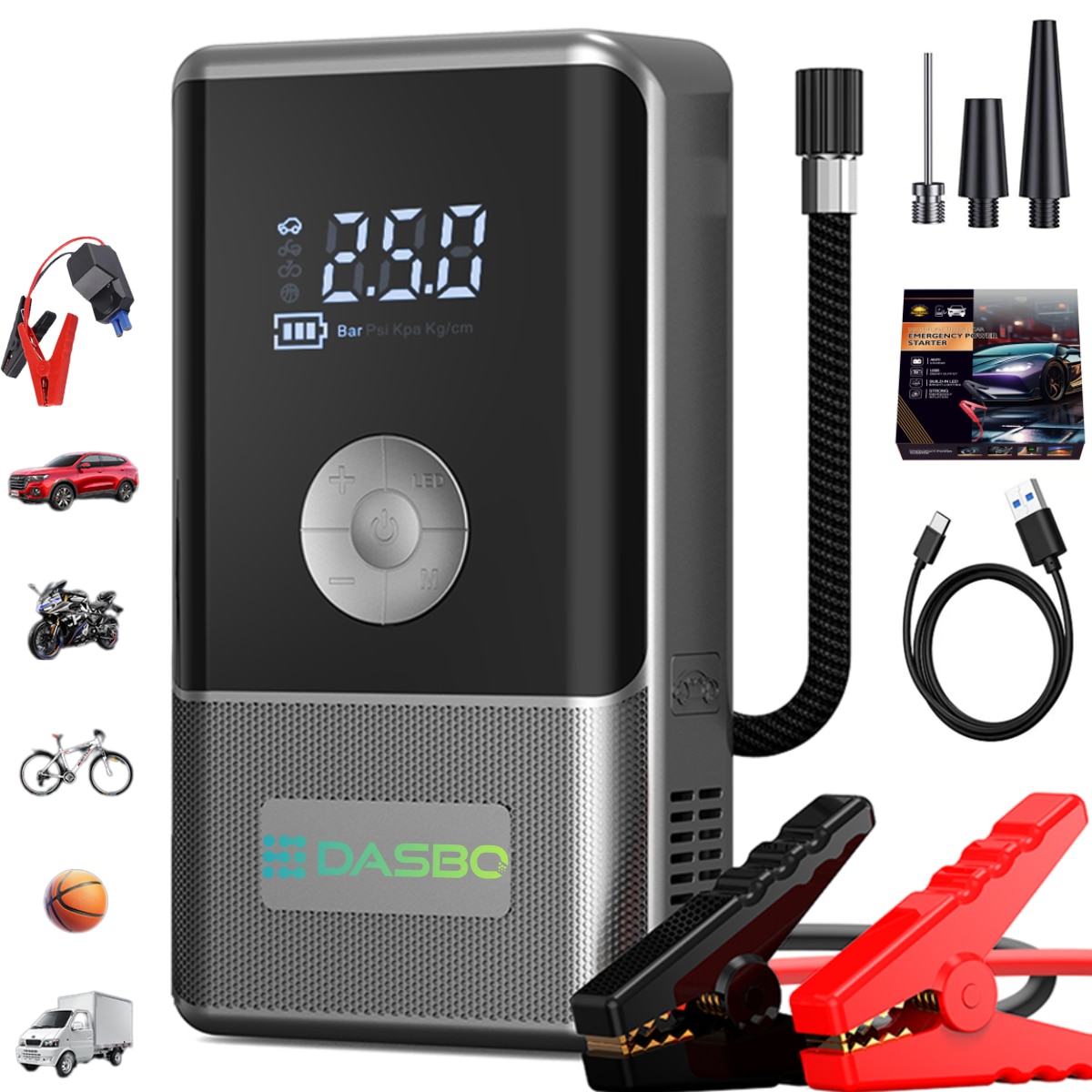 Starter auto Portabil cu Compressor Multifunctional 4in1, 12V, Wireless cu Baterie 6000mAh, pentru motor Benzina sau Diesel, Pompa Anvelope Dasbo® 150 PSI, Star