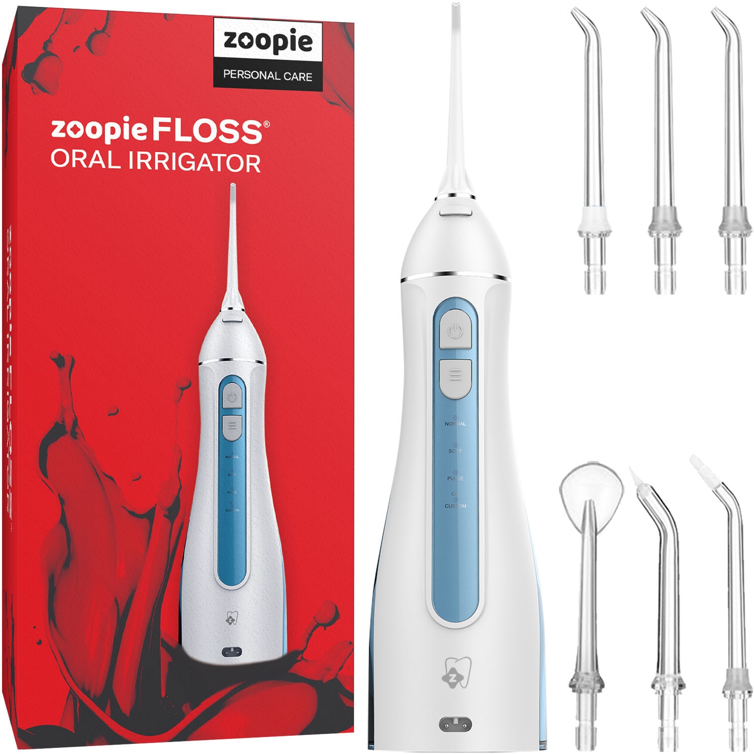 Irigator bucal tip Dus bucal portabil, Zoopie® FLOSS, Water flosser pentru Adulti & Copii, IPX7, Irigator oral cu presiune 1400 pulsatii/min, 4 Programe, 8 Vite