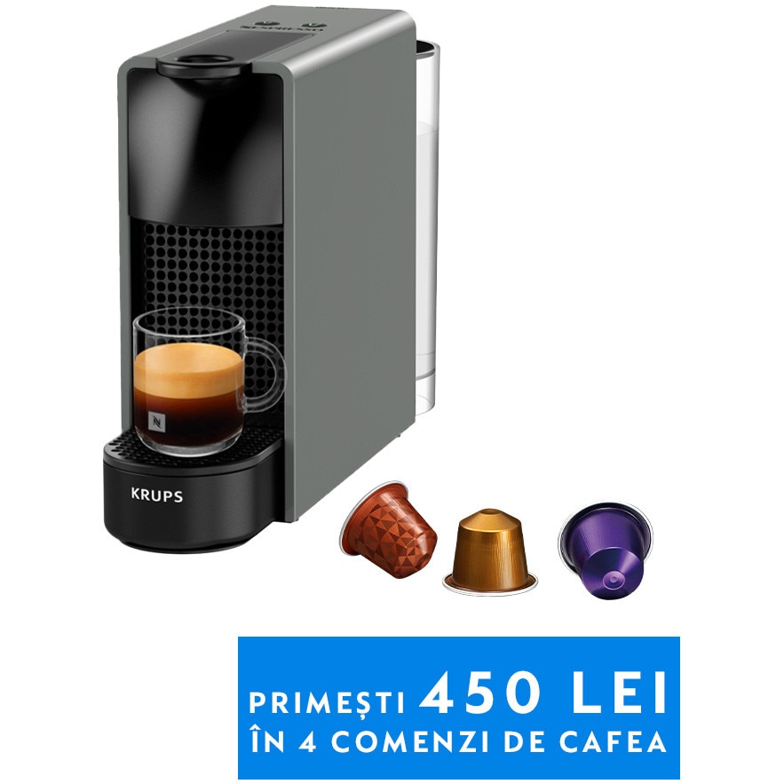 Espressor Nespresso by Krups Essenza Mini XN110B10, 1260W, 19 Bar, 0.6L, Gri, set capsule degustare inclus