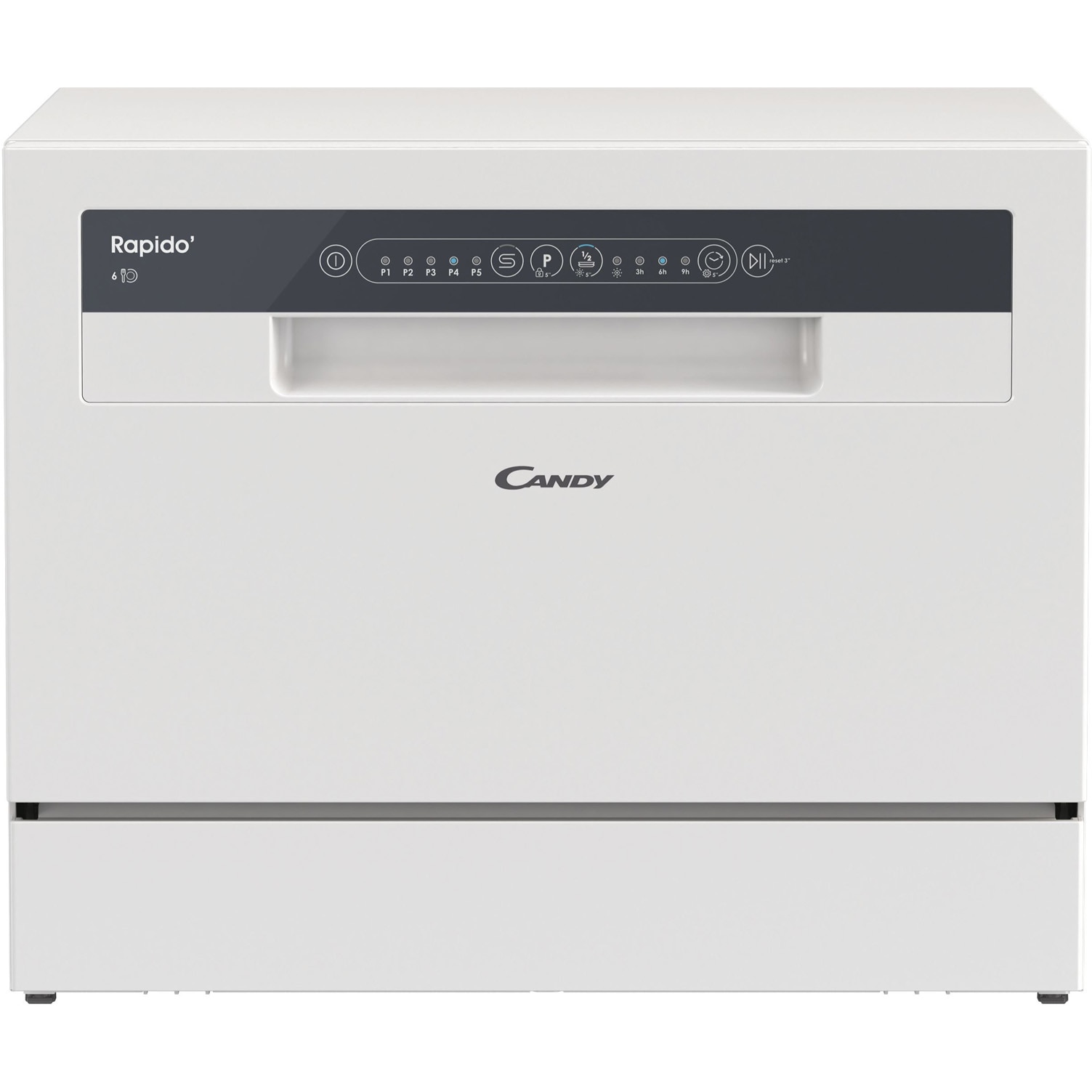 Masina de spalat vase compacta Candy Rapido CP 6E51LW, 6 seturi, 5 programe, Clasa E, Pornire intarziata, Program scurt 35', 55 cm, Alb