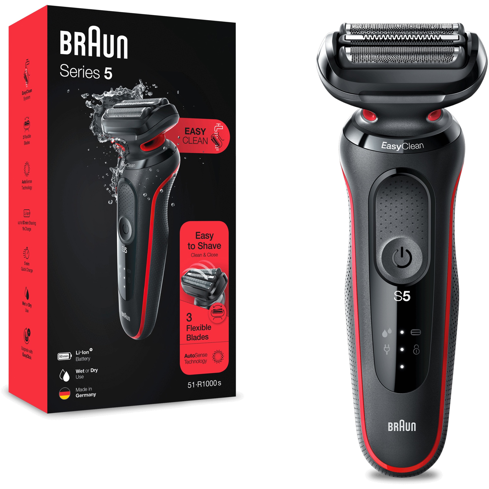 Aparat de ras electric Braun Series 5 51-R1000s Wet&Dry, AutoSense, Easy Clean, Easy Click, 3 elemente de taiere, Rosu/Negru
