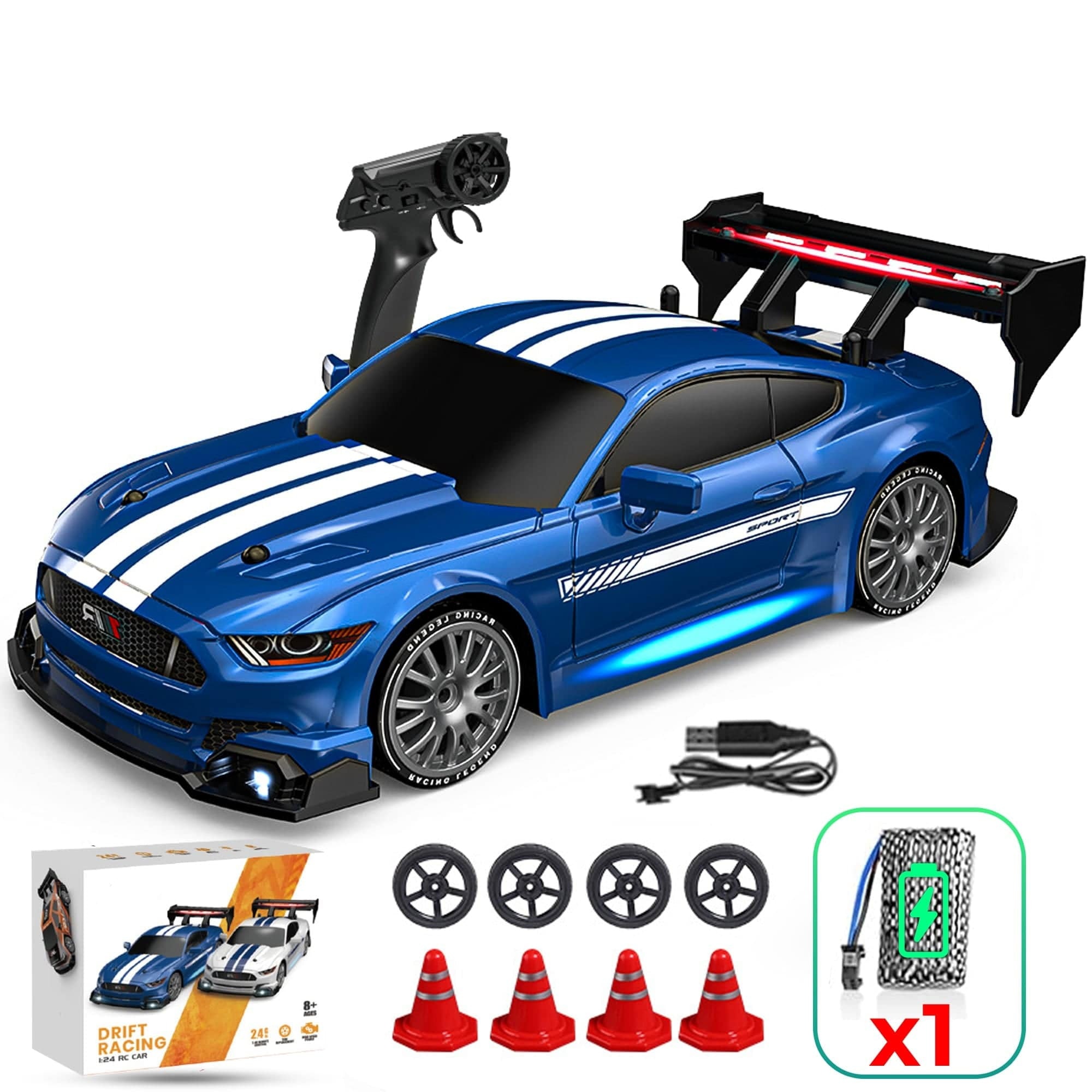 Masina cu telecomanda RC, Timebox, Drift car, 30km/h, 4x4, lumini LED, cauciucuri interschimbabile, 1 baterie reincarcabila tip acumulator inclusa, jucarie pent