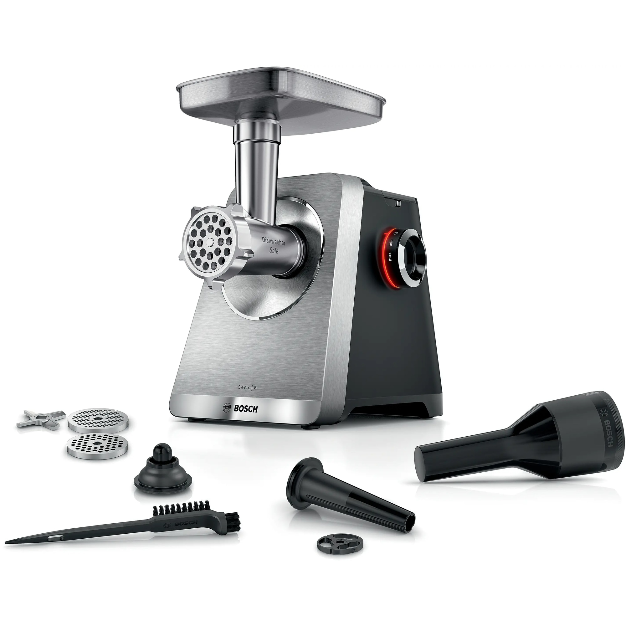 Masina de tocat carne Bosch serie 8 MFWS820M, 2500 W, 4.5 Kg/min, 3 site,accesoriu kebbe si pilnie de carnati, Argintiu
