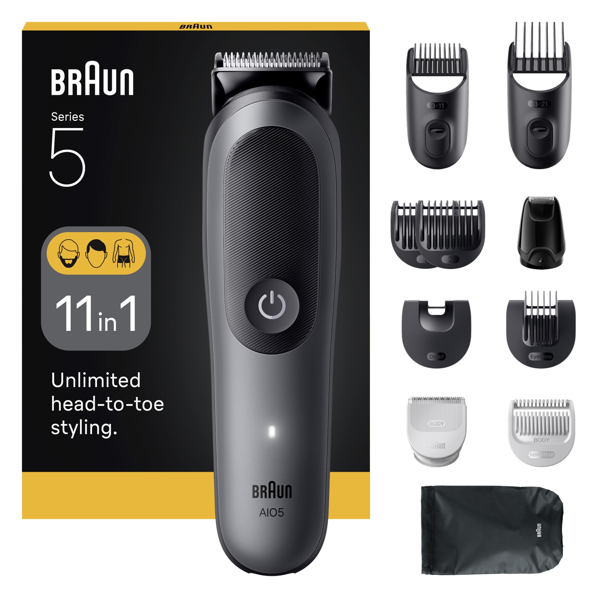 Aparat de tuns multifunctional Braun All-in-One Seria 5 AIO5560, 11-in-1, Lama ultra ascutita, 7 Piepteni, 1 Mini Cap de ras, 1 Cap tuns SkinGuard, 1 Perie de c