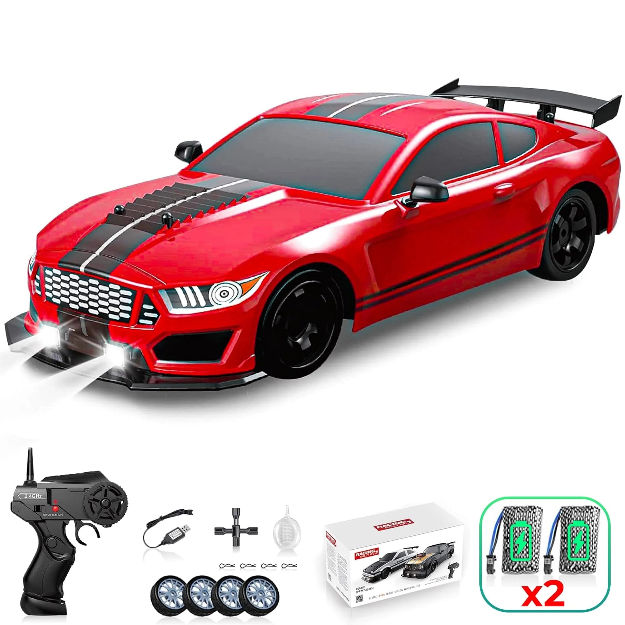 Masina cu telecomanda RC, Timebox, Drift car, 20km/h, lumini LED, cauciucuri interschimbabile, 2 baterii reincarcabile tip acumulator incluse, jucarie pentru co