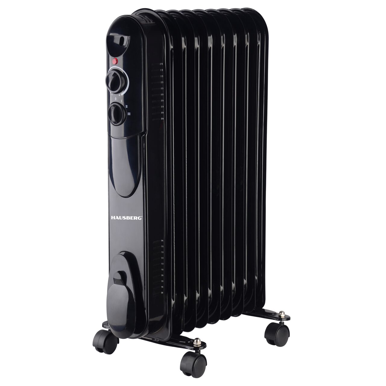 Calorifer electric cu ulei HAUSBERG HB-8915, 3 trepte, 800-1200-2000 W, 9 elementi 110 mm x 580 mm, termostat reglabil, maner si rotite pentru o deplasare facil