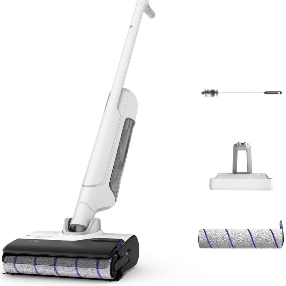 Aspirator vertical fara fir cu spalare Rowenta X-Clean 10 GZ7540WO, 200W, 550 RPM, pana la 60 min autonomie, ecran LED, functie uscare & autocuratare, baza de i