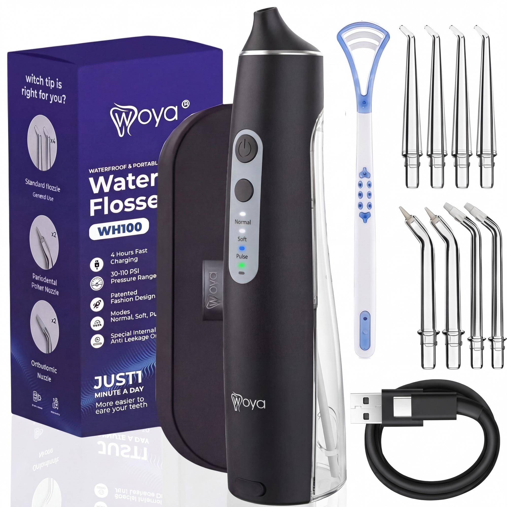 Irigator Bucal pentru Dus Bucal Portabil, Woya® WH100, Rezistent la Apa, 8 Duze Profesionale, Limba si Parodontita, 6 Programe de Curatare, Oral, 2 Niveluri de
