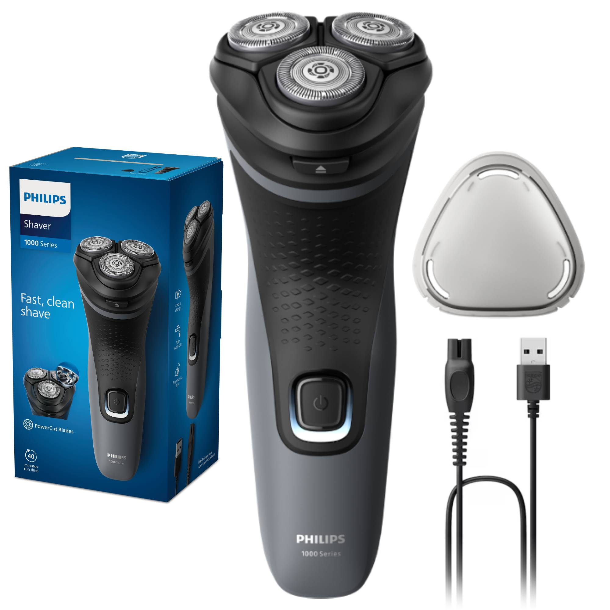 Aparat de ras PHILIPS Seria 1000 S1142/00, 3 capete rotative 4D Flex, lame PowerCut, ras umed&uscat, autonomie 40 min, maner ergonomic, capac de protectie, comp