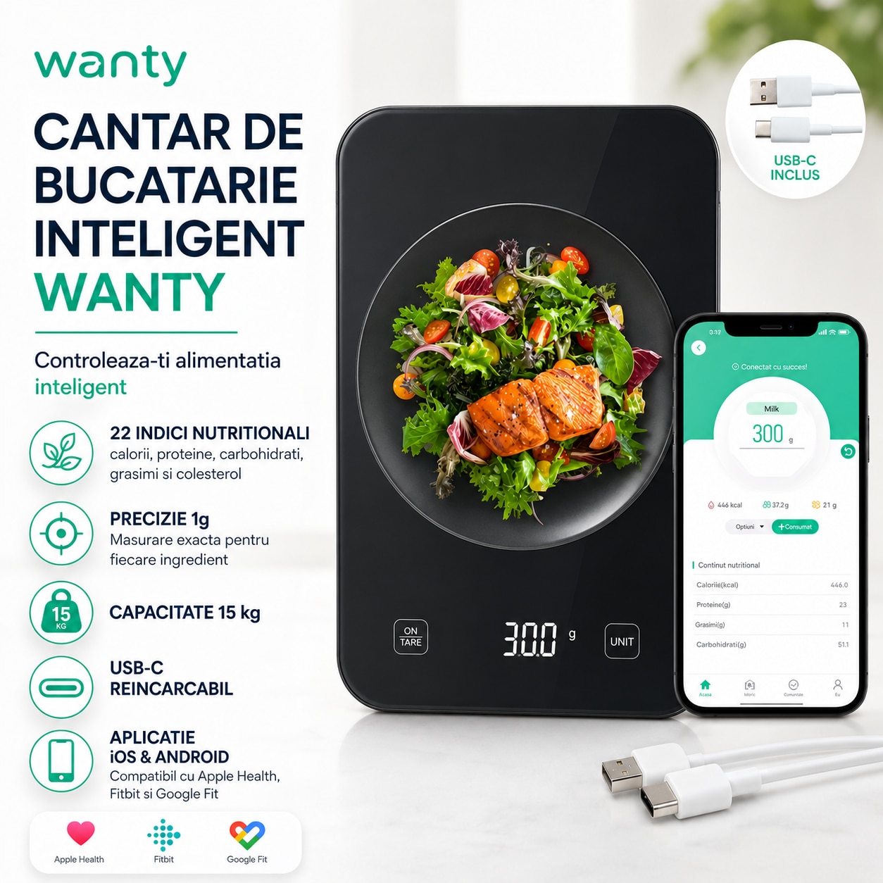 Cantar de bucatarie Inteligent Wanty® cu Aplicatie IOS/Android si Incarcare USB-C, integrare Apple Health, Fitbit si Google Fit, 22 Valori Nutritionale, Monitor