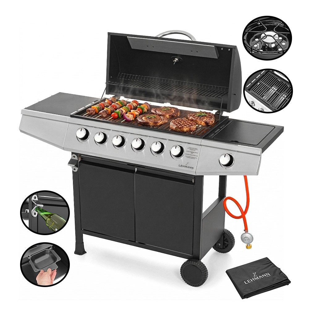 Gratar pe gaz cu 6+1 arzatoare, Lehmann Vegas, termometru incorporat, suprafata de gratar 33x72cm, husa gratar, furtun si regulator incluse, 141x50x102cm, fonta