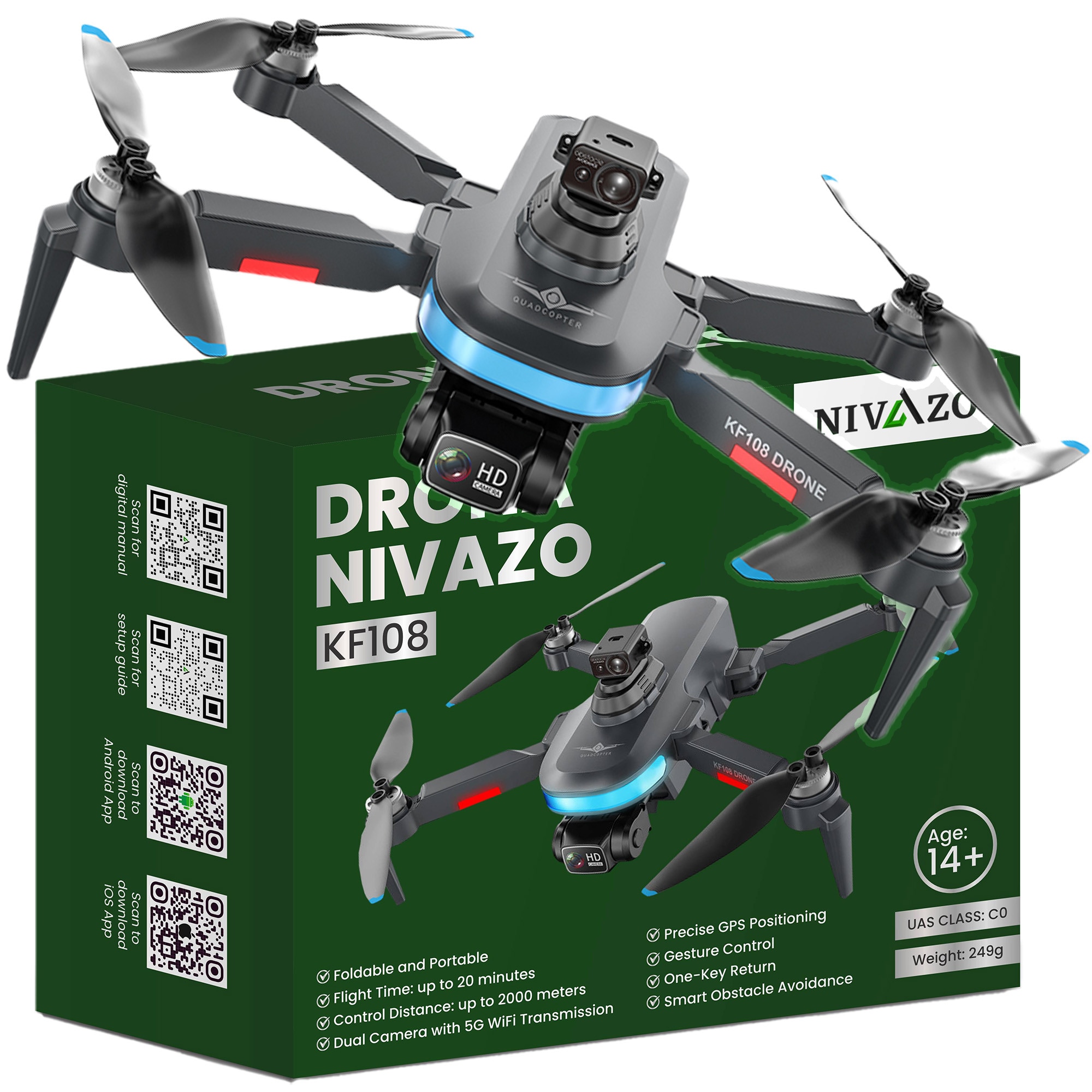 Drona Nivazo KF108, acumulator 2200mAh, follow me, functie de evitarea obstacolelor, autonomie pana la 22 minute, gesture selfie, aplicatie mobila, filmare si f