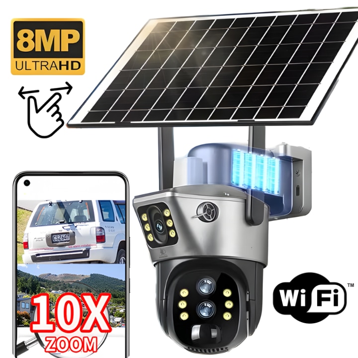 Camera de supraveghere Wi-Fi Daismart, duală, 8MP, cu alimentare solară 10W, baterie 10000mAh, neagră, exterior