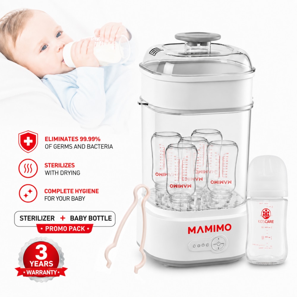 Sterilizator biberoane electric cu aburi si functie uscare Mamimo BSD2005, 5 biberoane, sterilizare rapida, oprire automata cu biberon sticla cadou