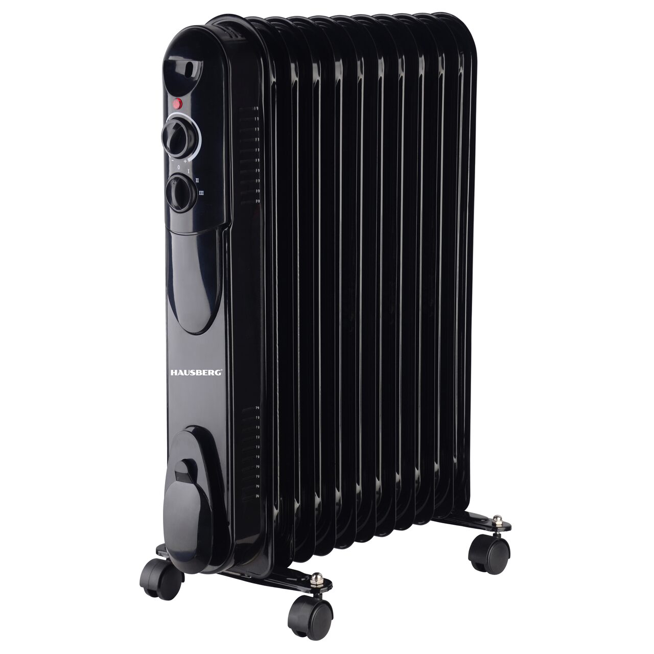Calorifer electric cu ulei HAUSBERG HB-8925, 3 trepte, 1000-1500-2500 W, 11 elementi 110 mm x 580 mm, termostat reglabil, maner si rotite pentru o deplasare fac