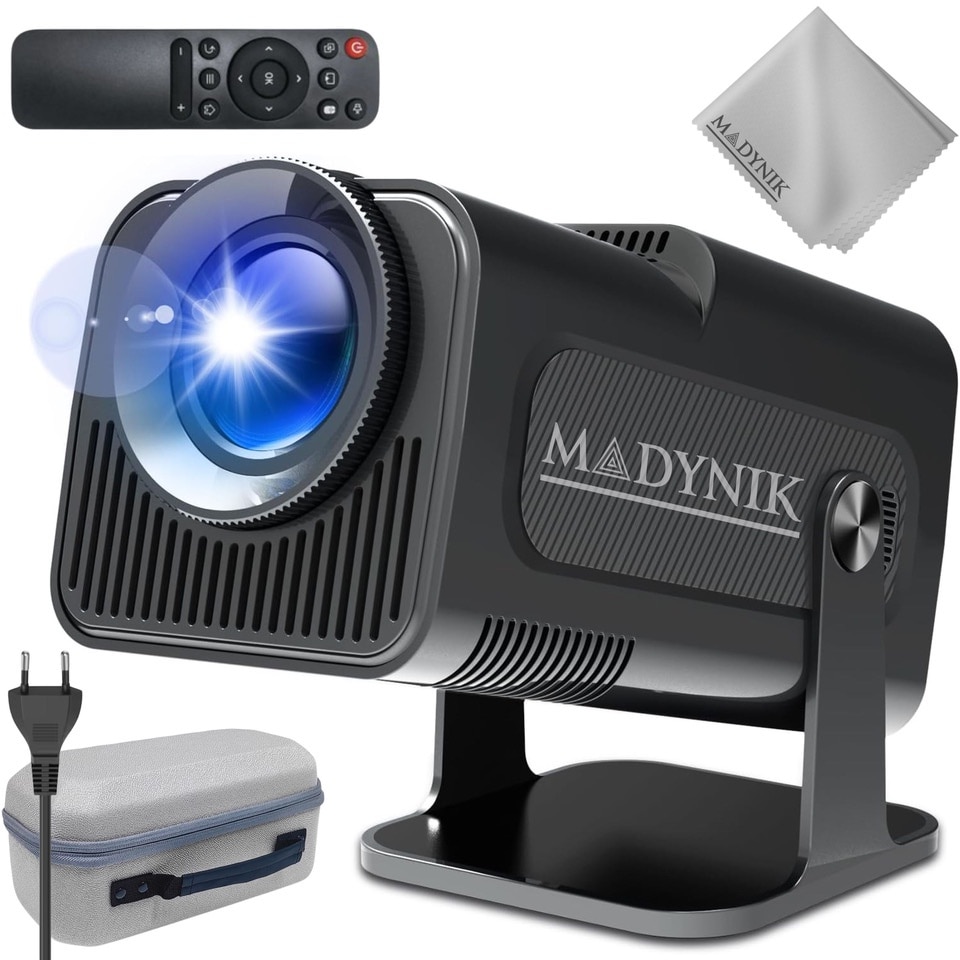 Videoproiector Inteligent Madynik™, Difuzor incorporat, WiFi 6, Bluetooth 5.0, Android 11, LED, Proiectie Ajustabila pana la 130 Inch, Rotatie la 180°, Telecoma