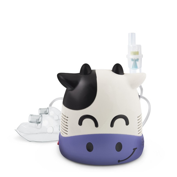 Aparat de aerosoli nebulizator cu aspect de vacuta pentru copii si pentru adulti, cu compresor, kit complet de accesorii inclus, respiratie facila