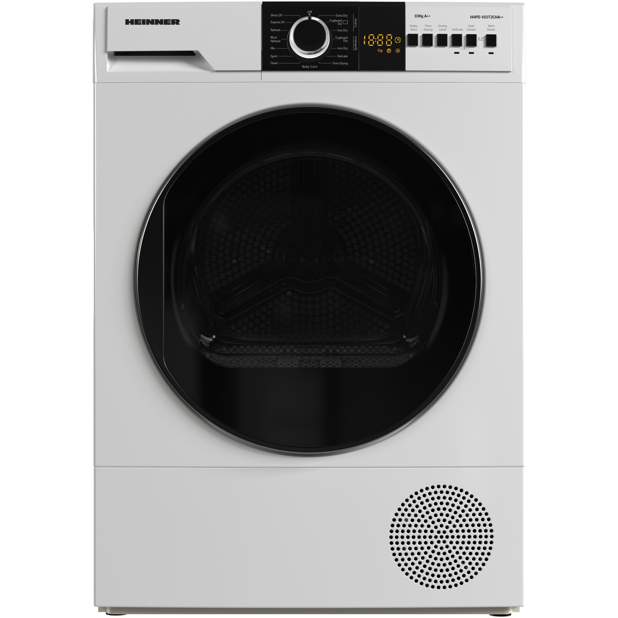 Uscator de rufe Heinner HHPD-V10T2CHA++, Pompa de caldura, 10 kg, 15 programe, Clasa E, Display LED, Lumina cuva, Blocare Acces copii, Alb